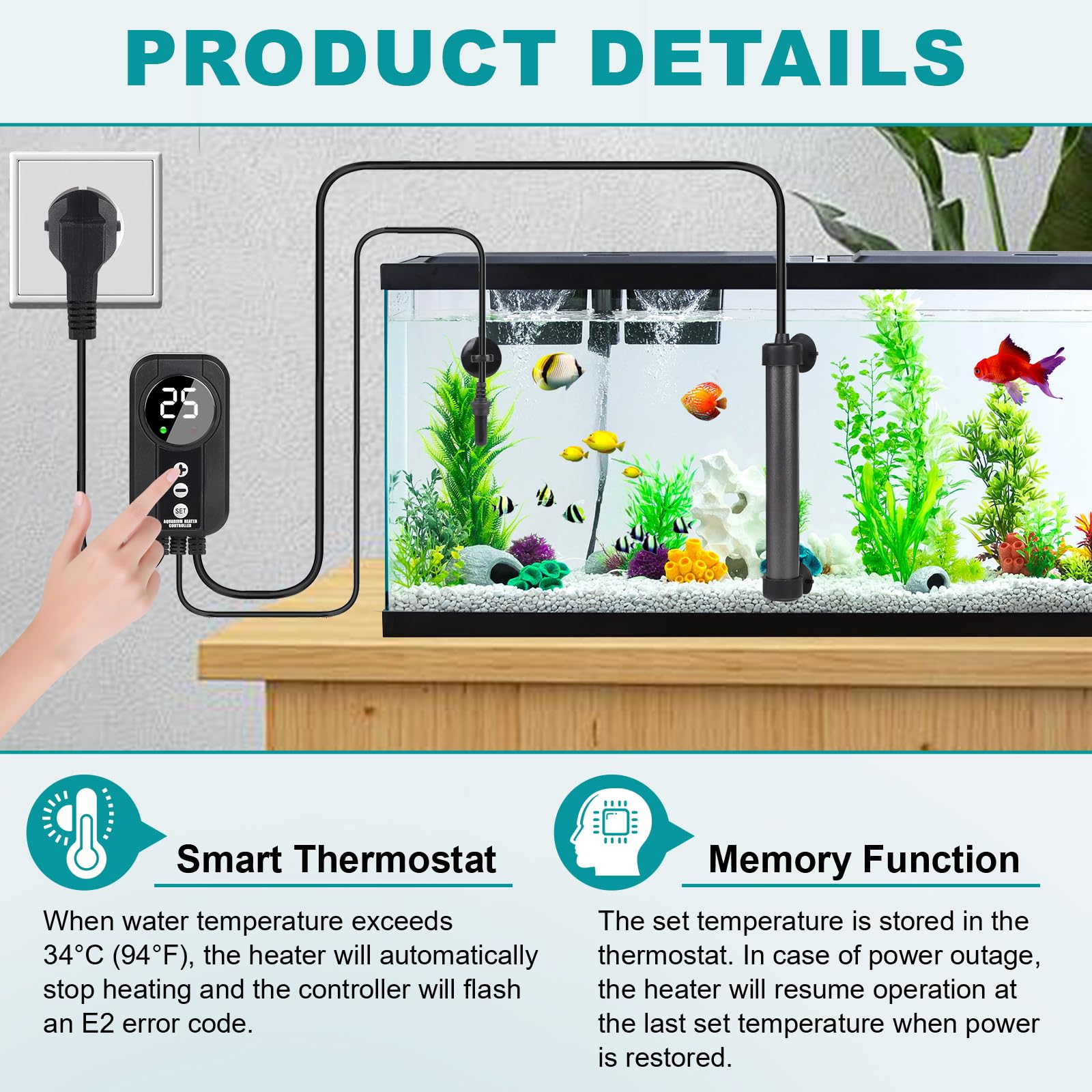 EXLECO Riscaldatore Acquario da 100 W Tubolare in Titanio con Controller a LED e Sensore di Temperatura, Riscaldatore per Acquario Pesce con Temperatura Regolabile, Adatto per Pesci Mini 30-50 Litri
