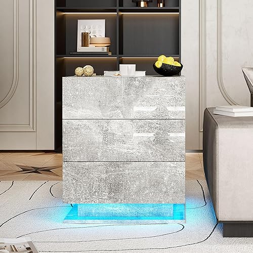 Mesita de noche LED moderna gris de alto brillo con 3 cajones de almacenamiento para dormitorio, mesa auxiliar inteligente de madera con luces LED