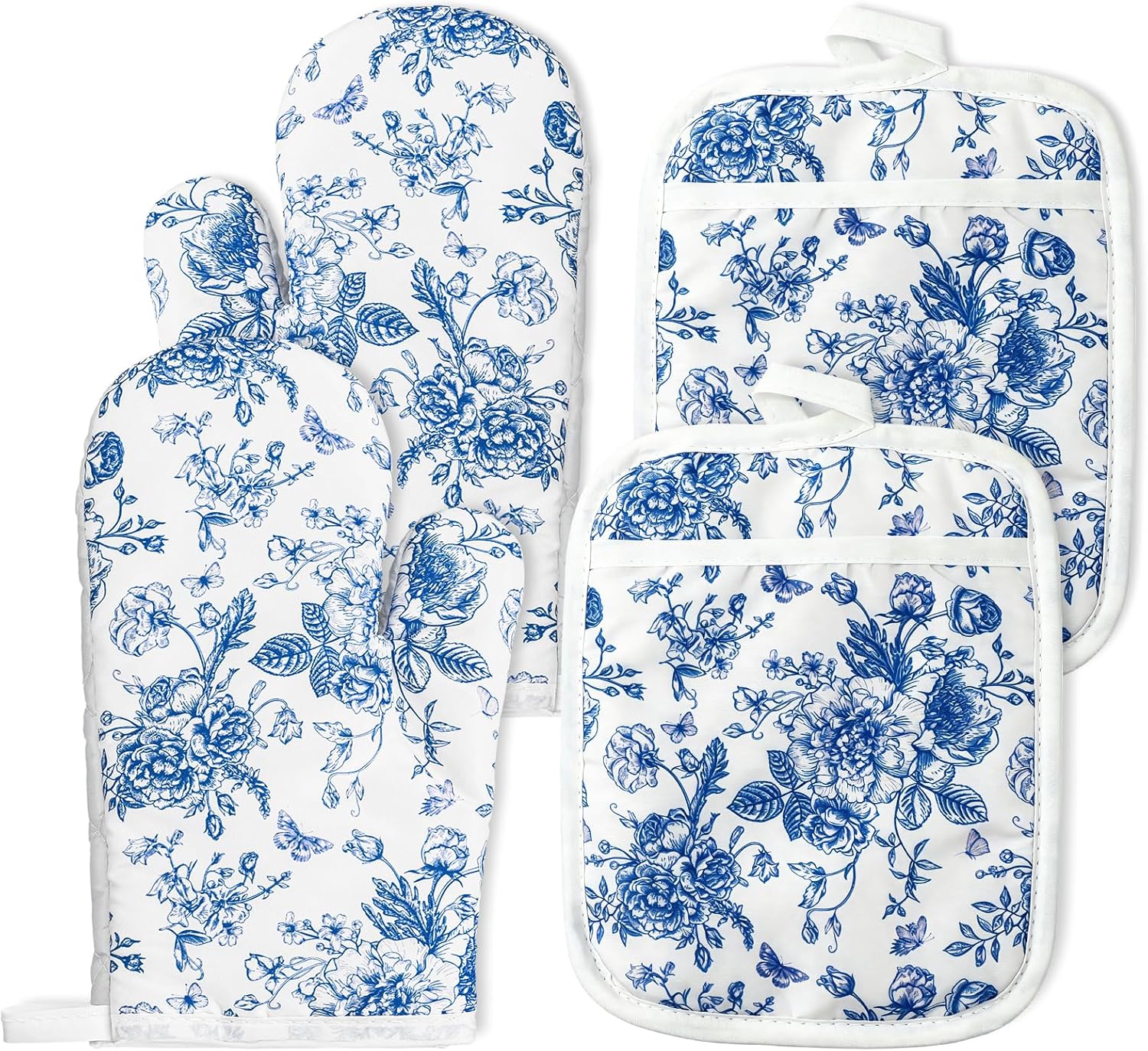 AnyDesign 4Pcs Blue Porcelain Floral Oven Mitts and Pot Holders Set Heat Resistant Non-Slip Potholders Chinoiserie Flower Kitchen Oven Gloves with Hot Pads for Cooking Baking