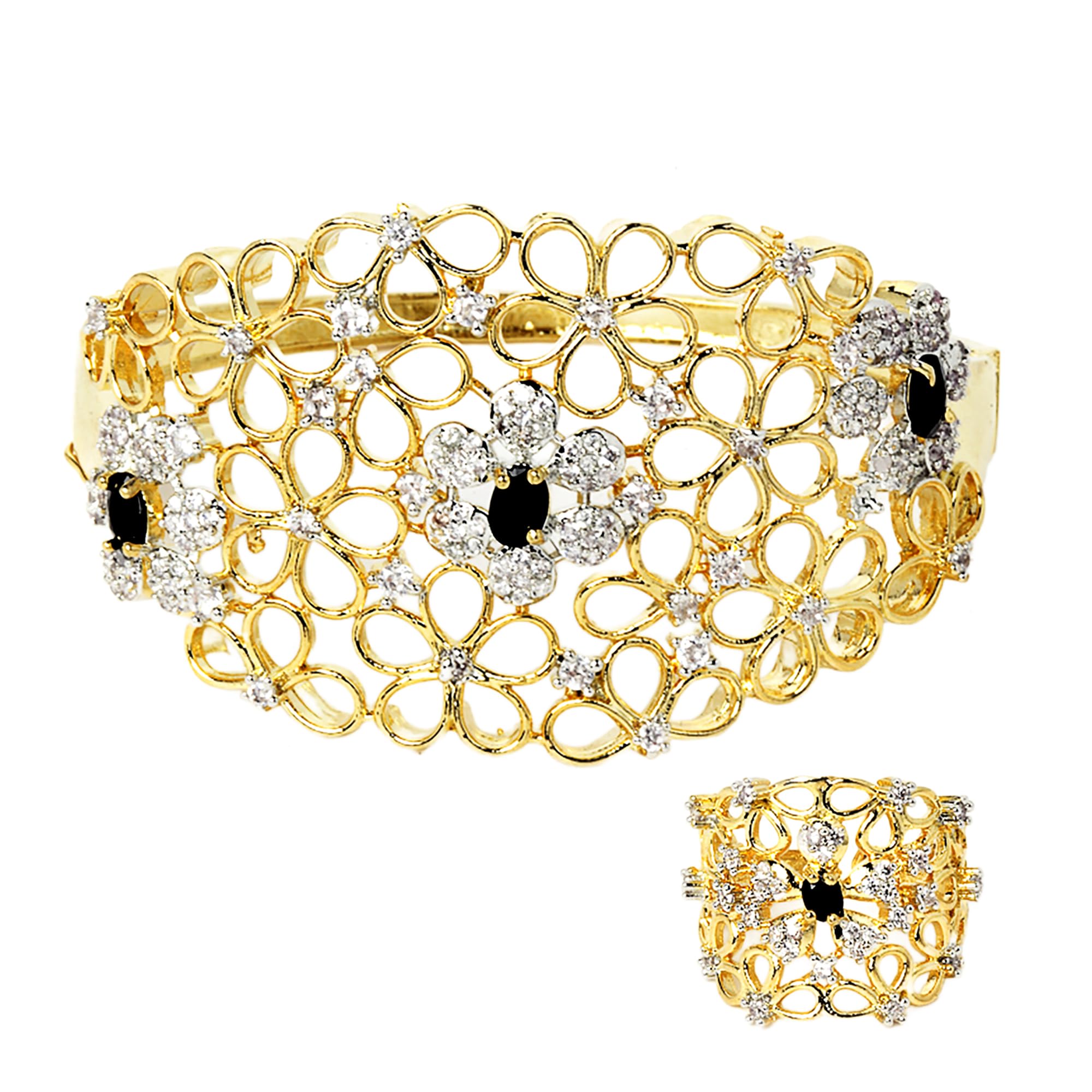ZENEME Bracelet Gold Plated American Diamond Studded Celebrity Inspired Black Kada Style Bracelet With Ring Jewellery For Girl and Women (B07MVGTKG8) Amazon Price History, Amazon Price Tracker