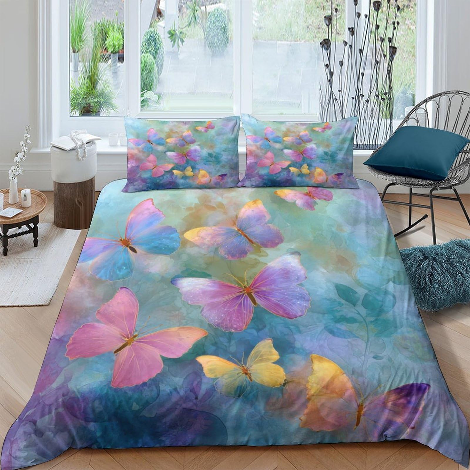 GPLZQXKJNH 3D Printed Colorful Butterfly Duvet Cover Microfiber Soft Breathable Watercolor Bedding Set with 2 Pillowcases for Bedroom Home Decor Single（135x200cm）