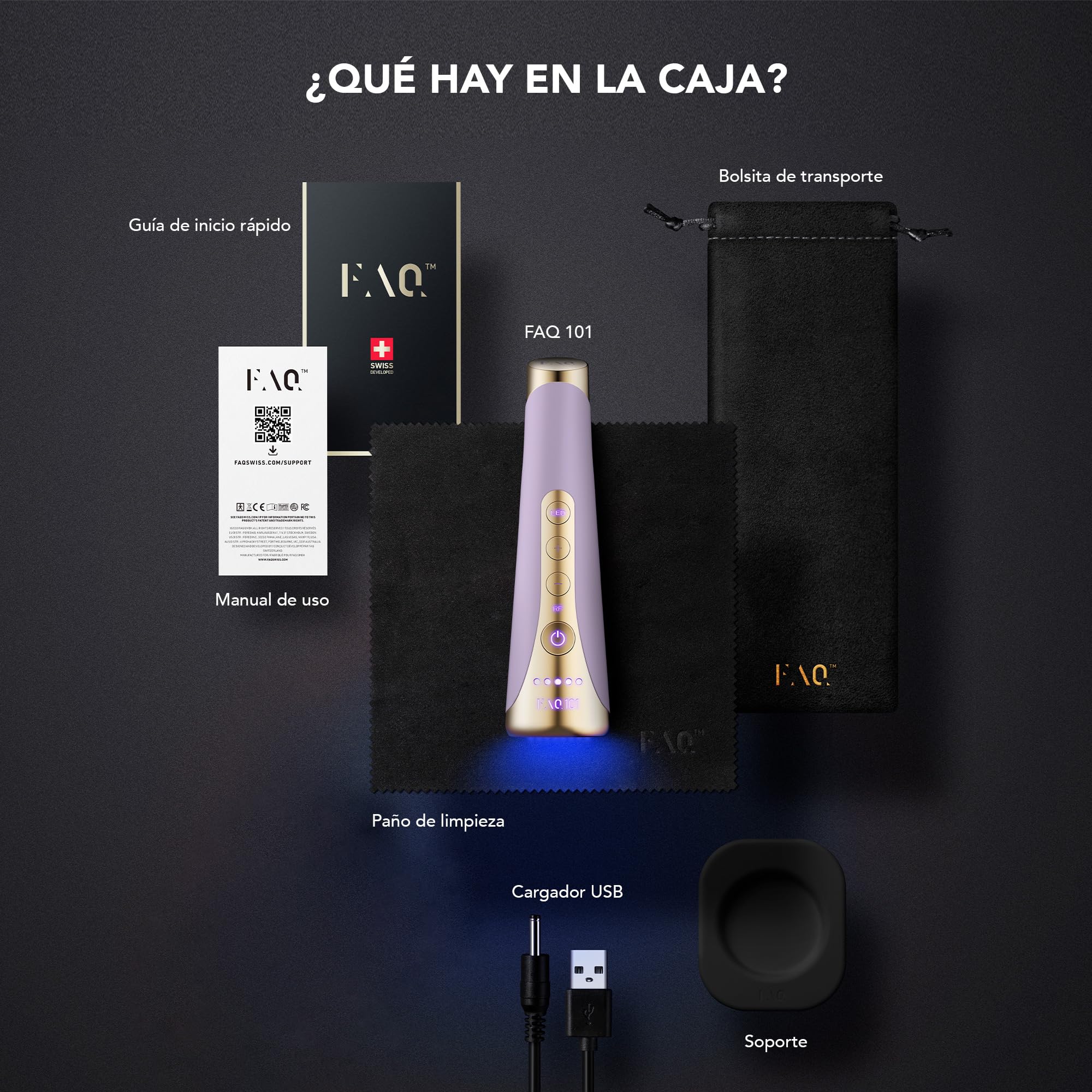 FOREO FAQ 101 Amethyst, Piel reafirmada por radiofrecuencia, Rejuvenecimiento facial RF y fototerapia 3 led, Antiedad, Masajeador facial T-Sonic, Cuidado antiarrugas, App, Terapia de luz roja