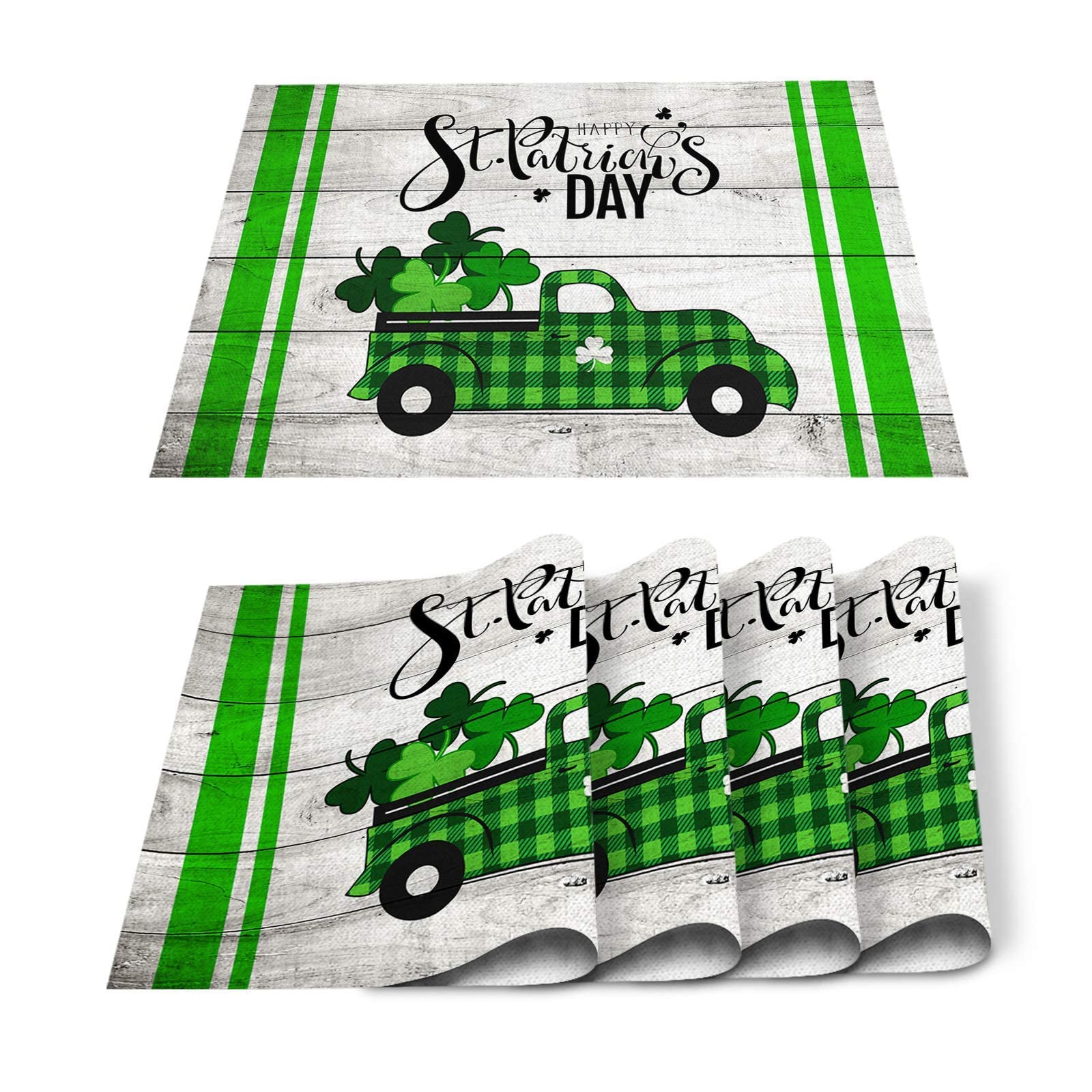 Yun Nist Placemats Set of 6, Irish Lucky Clover Leaf on Farm Truck Heat Resistant Placemat Waterproof Table Mats, Saint Patrick's Day for Dining Tables Holiday Party Kitchen Decor