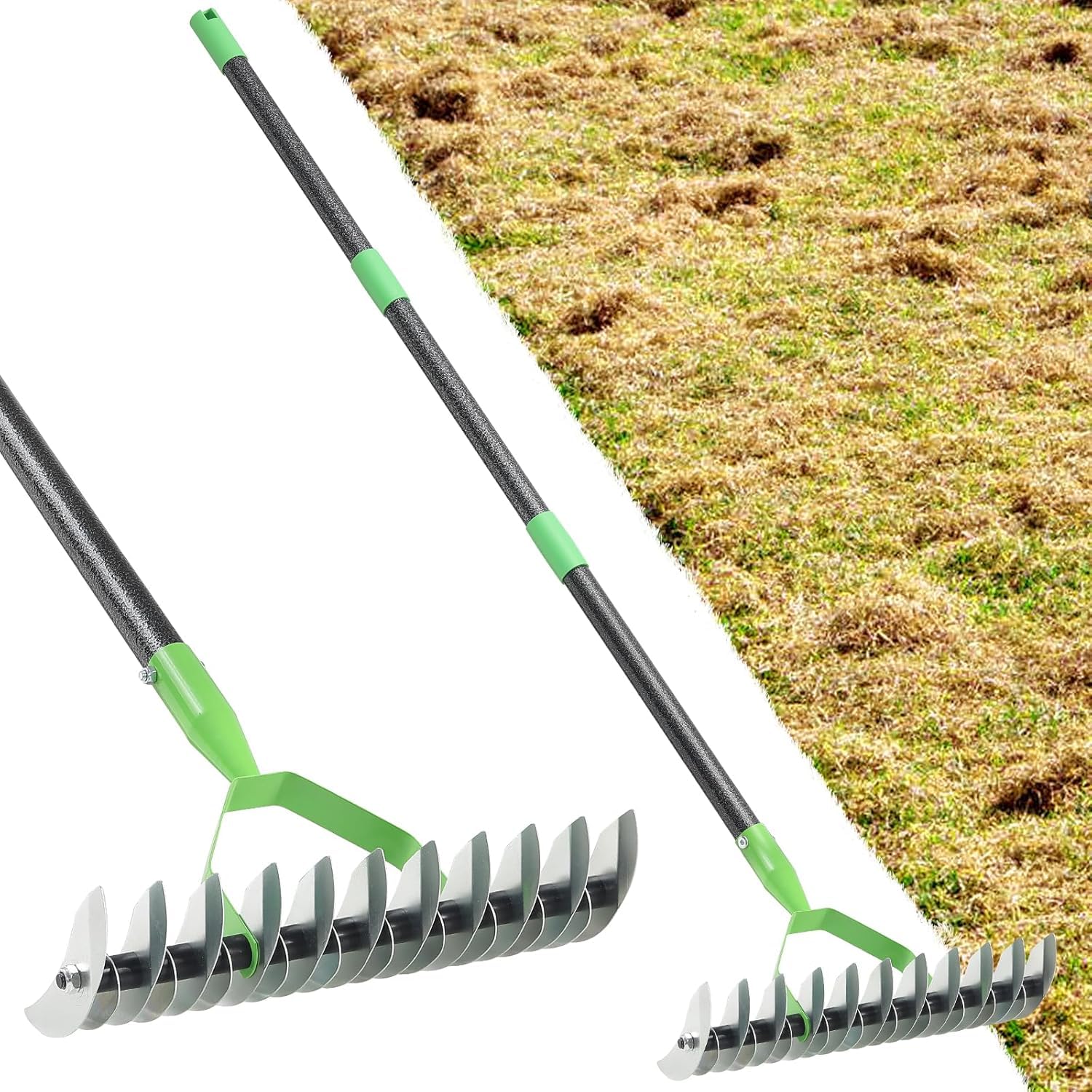 Thatch Rake, Lawn Thatching Rake 170 cm for Garden Cleaning, 21 Teeth Width 33 cm Steel Metal Rakes, Landscaping Raking Garden Tools for Lawn Care Loosening Soil