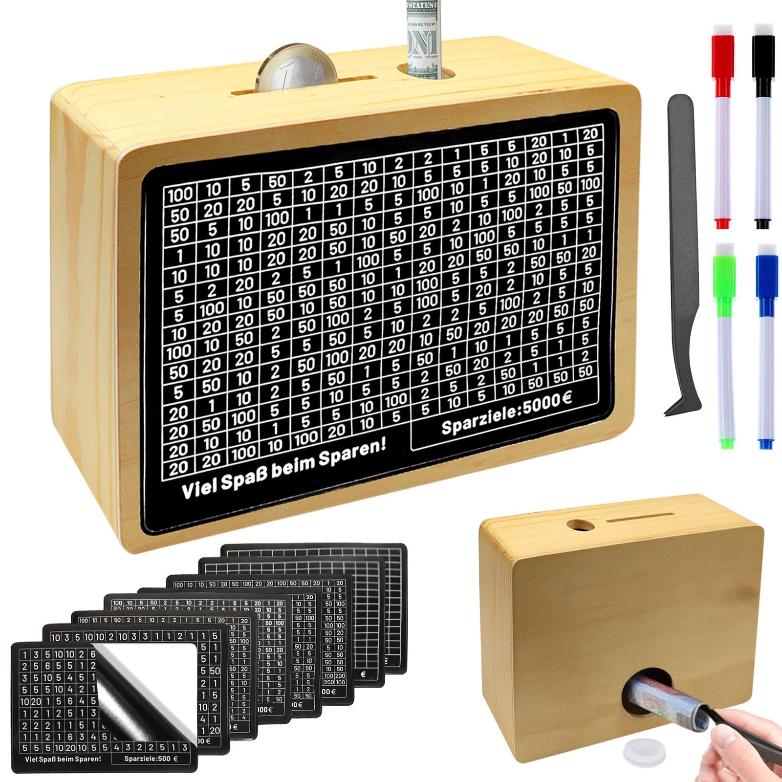 Salvadanaio Legno Con Contatore - 8 Adesivi Obiettivo Riutilizzabile Per Risparmi Fino A 10000€, Regalo Bambini E Adulti - Foto 4