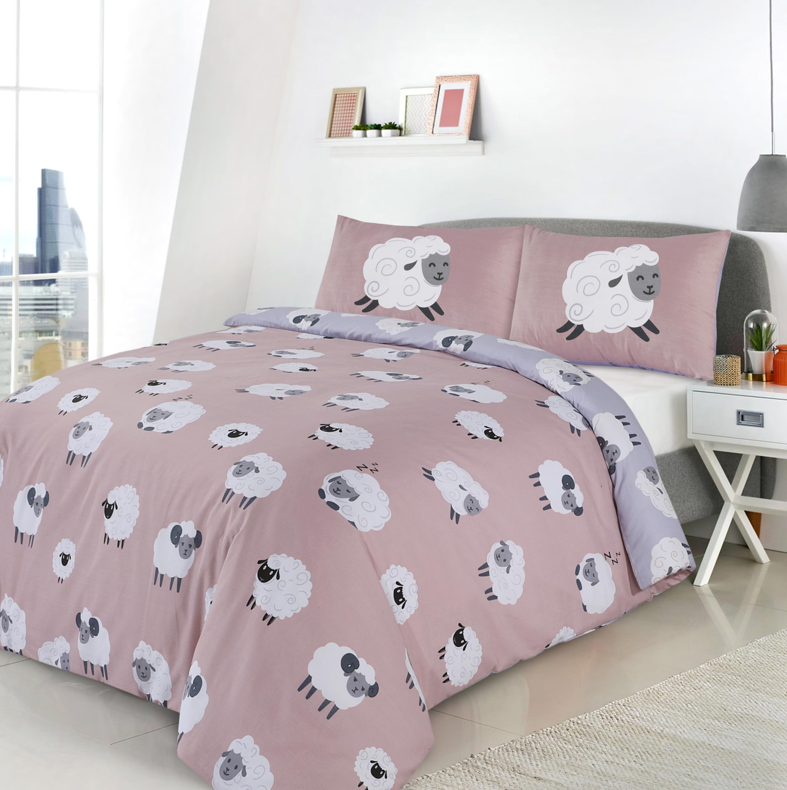 Cna Stores Blush Pink - Dotty Sheep Single Duvet Cover Set Reversible Grey Bedding