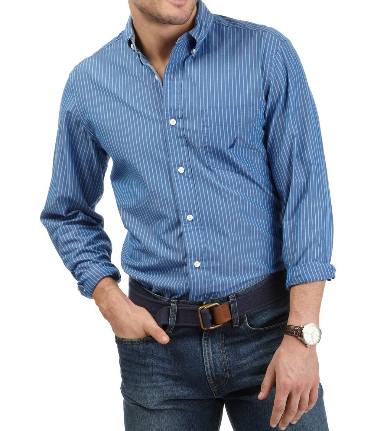 Nautica Men's Long Sleeve Stripe Poplin Woven Shirt