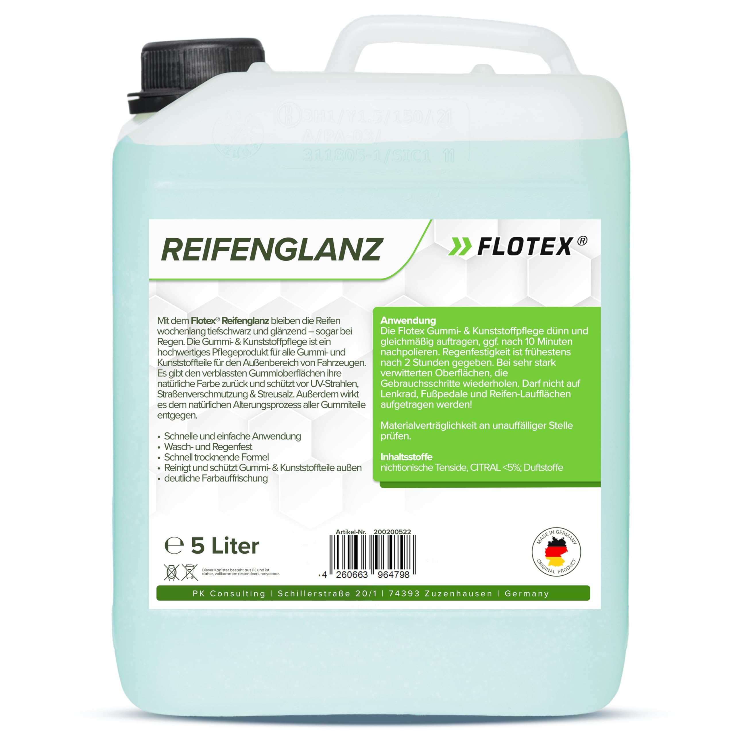 4 x 5L Reifenglanz - Auto Kunststoffpflege & Gummipflege für Außen - Schwarz - Reifenpflege für Reifenglanz - Autoreifen Pflege und Reifen Reiniger - Reifenschwarz Auto