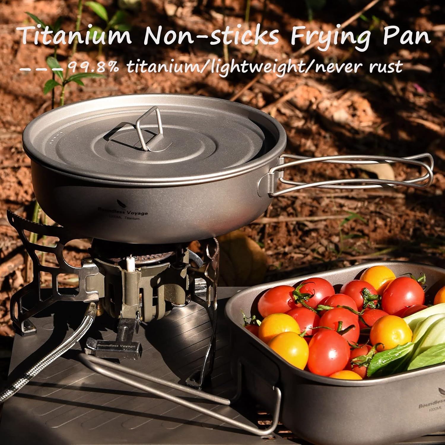 Boundless Voyage Titanium Non-Stick Frying Pan with Folding Handle Non-Stick Ceramic Coating Frypan Cooking Pot for Outdoor Camping Picnic Backpacking