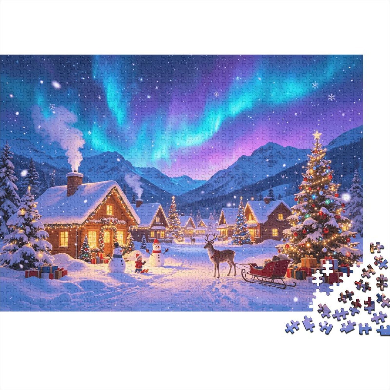 Northern Lights Jigsaw Puzzles 1000Pc Recyclable Material Christmas Village Senior Puzzles Impossible Hard Difficult Challenging Educational Game for Men 70x50cm/1000pcs