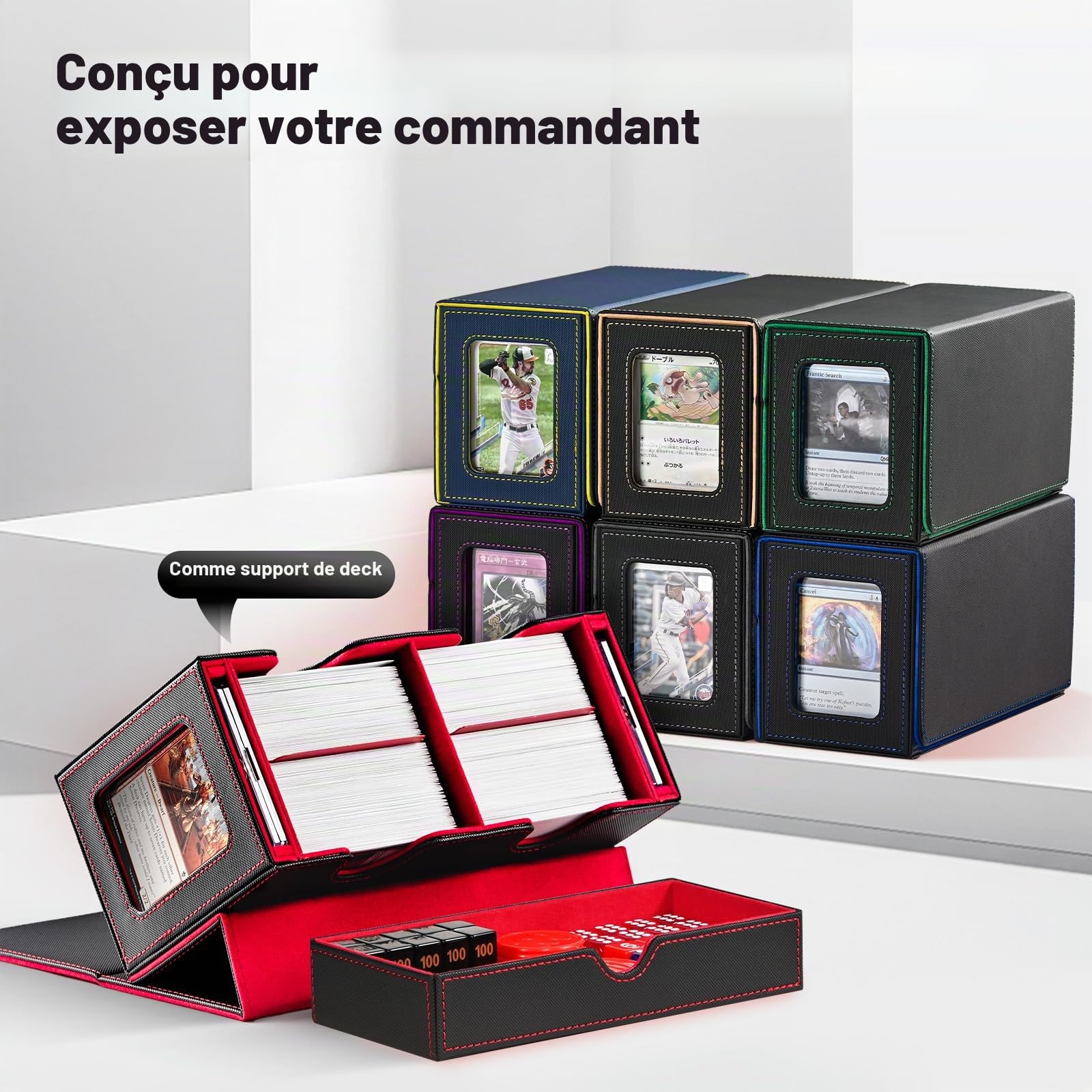 UAONO Boîte de rangement pour MTG, double boîte de rangement avec 2 présentoirs commandants et 1 plateau à dés, peut contenir plus de 200 à double manchon, organisateur pour CCG TCG Sports (noir gris)