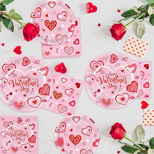 Miniatura 6 de Oigco Suministros para fiesta del día de San Valentín, platos de papel desechables, servilletas, tazas, tenedores para el día de San Valentín,