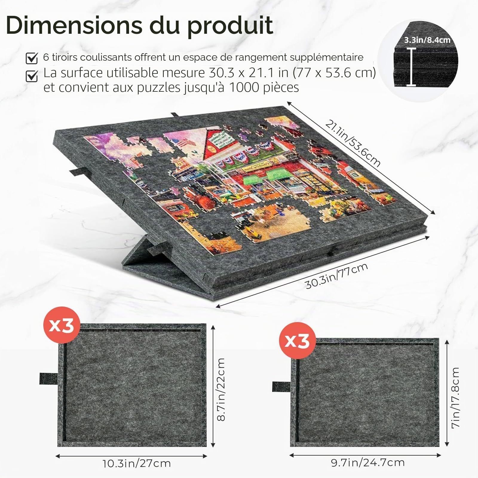 Planche Puzzle 1000 Pieces en Feutre avec 6 Tiroirs, Table Puzzle avec Support et Housse 2 en 1, Puzzle Table Portable pour Adultes, Cadeau de Noël pour Enfants (Noir)