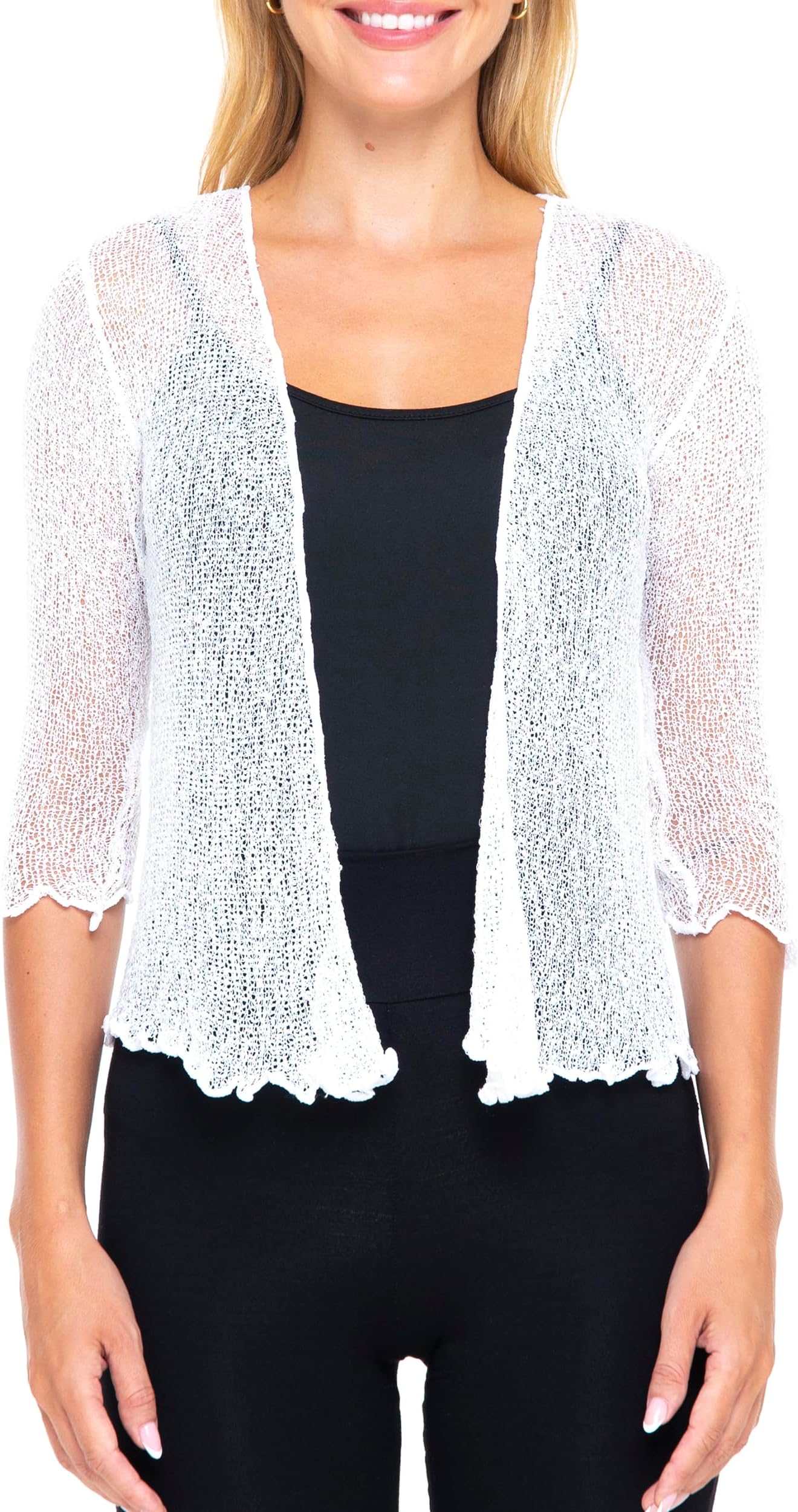 Women’s Sheer 3/4 Sleeve Shrug Lightweight Mesh Knit Dressy Summer Cover Up, Open Front or Tie