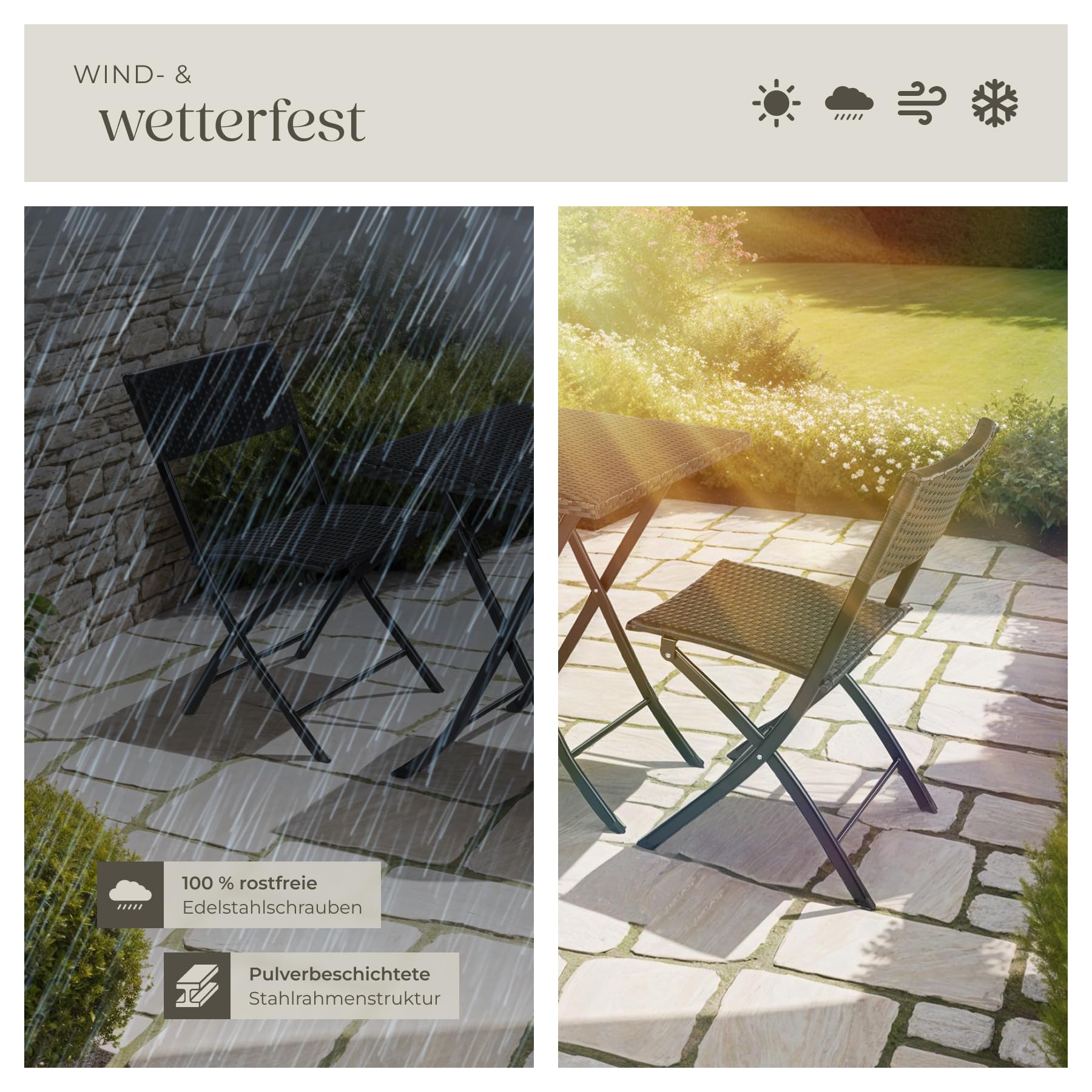 tectake® Rattan Balkon oder Garten Bistro Möbel Set, Sitzgruppe mit 2 Stühlen und 1 Kleiner Esstisch, platzsparend klappbar, Gartenmöbel, Balkonmöbel Kleiner Balkon - schwarz