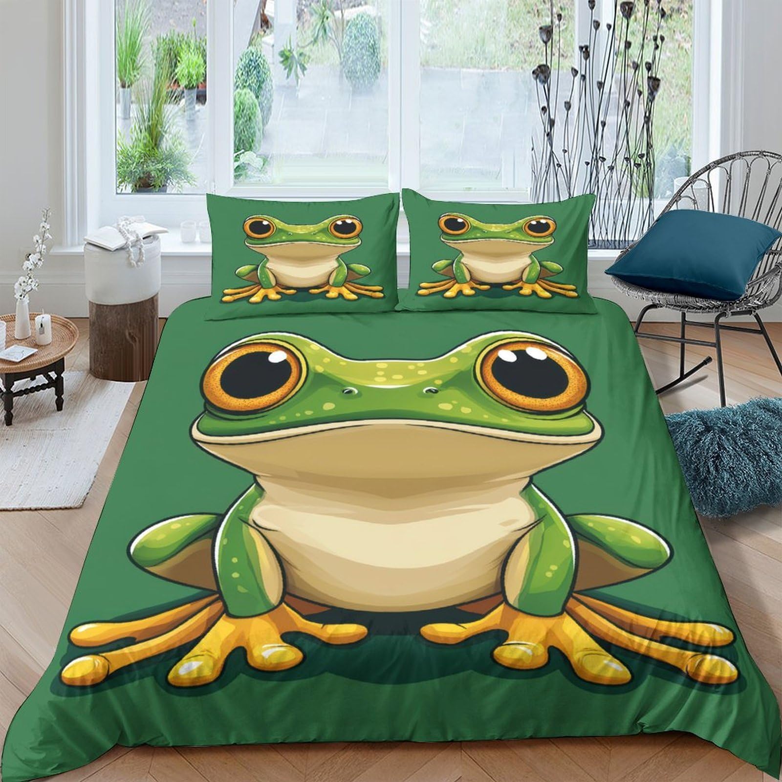 GPLZQXKJNH 3D Printed Cartoon Frog Duvet Cover Microfiber Soft Breathable Animal Bedding Set with 2 Pillowcases for Bedroom Decor Single（135x200cm）