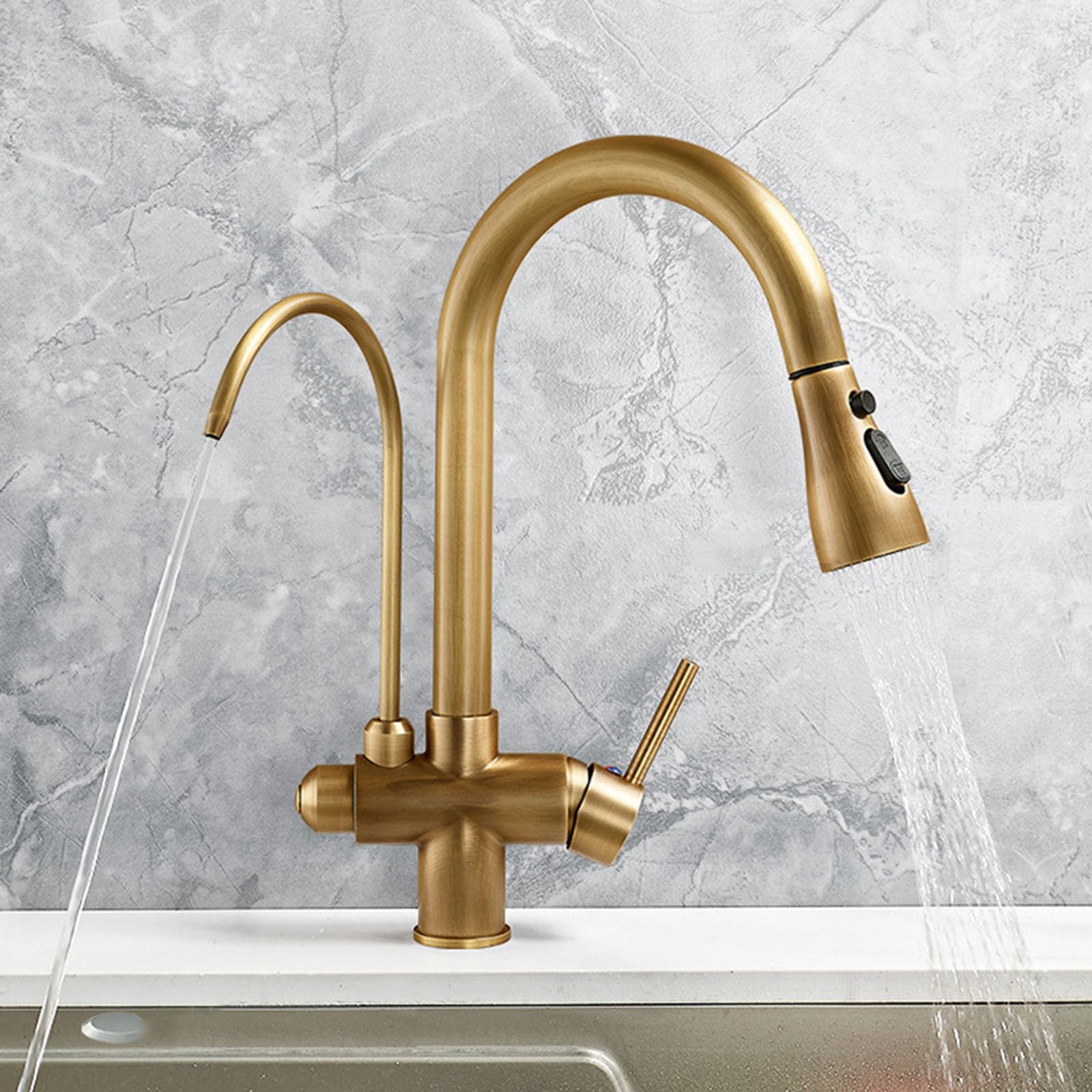 Antique Brass Filter Tap for Kitchen Sink Pull Out 4 Mode Sink Tap with Sprayer 360° Rotation,Antique