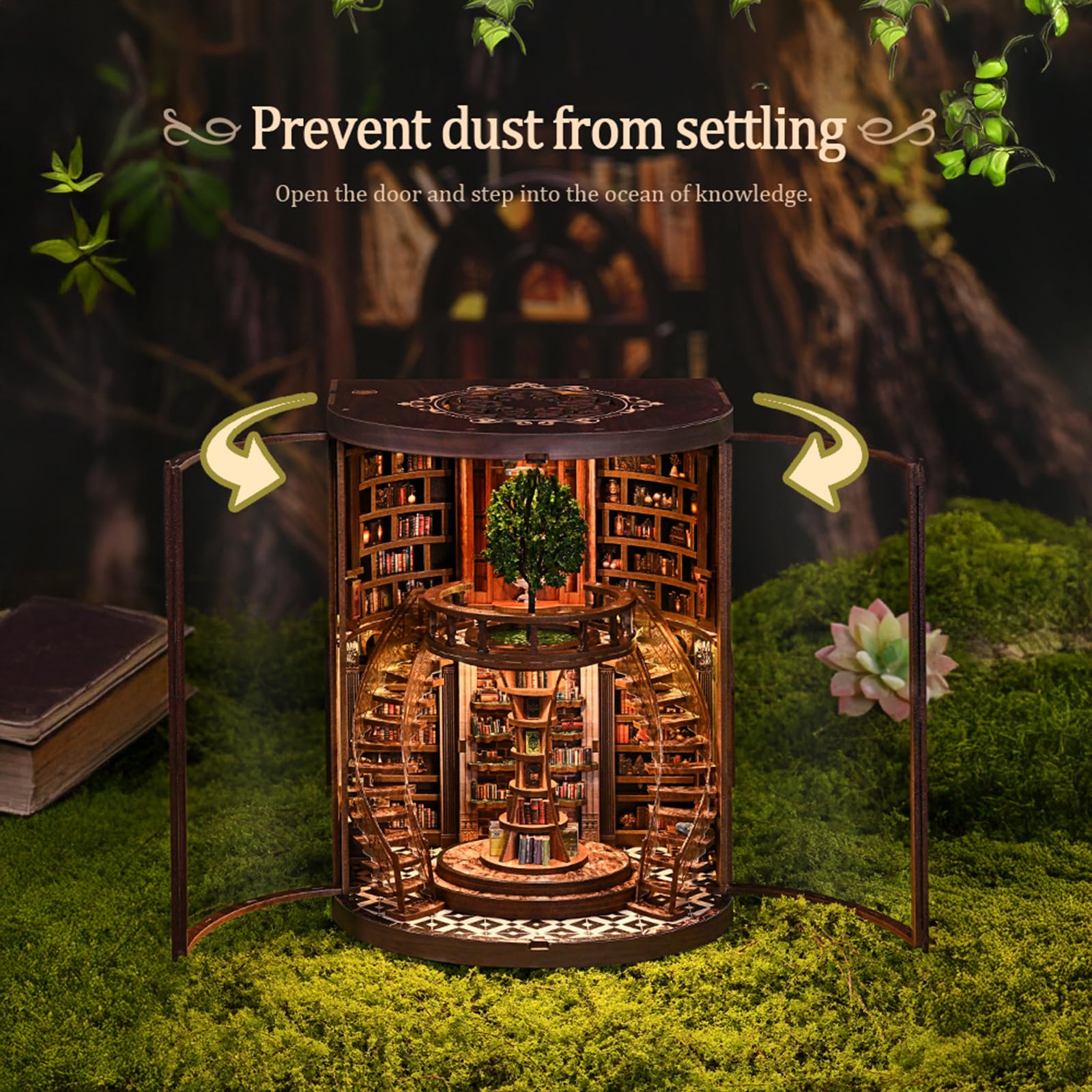 Book Nook Kit – Biblioteka Pierścieni Mądrości, Mini domki dla lalek, Miniaturowe drewniane puzzle 3D ze światłami LED, Zestaw DIY dla dorosłych i nastolatków, Prezent i akcesoria do domu