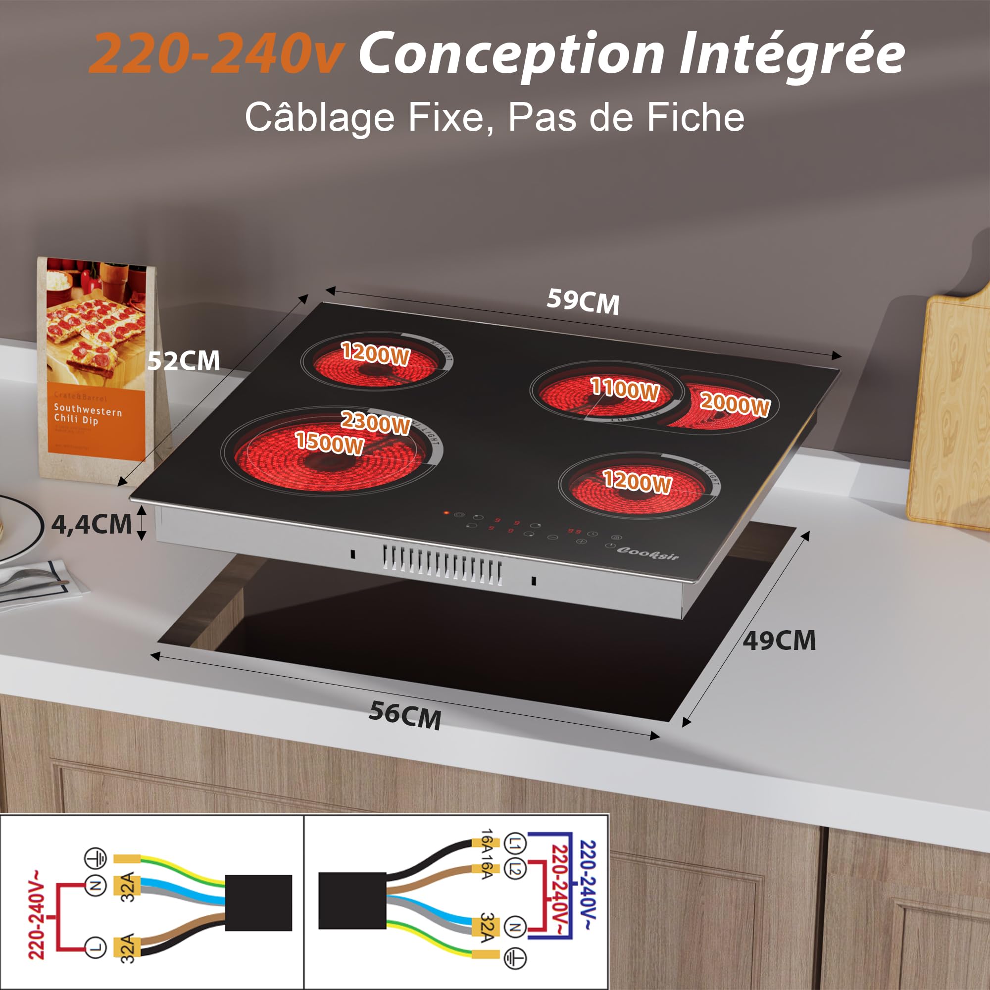 Plaque Vitrocéramique 4 Feux avec Zone Ovale | Plaque de Cuisson Electrique Encastrable 60cm, avec Cadre Métallique, 6700W, Minuterie, Verrouillage de Sécurité, 220V