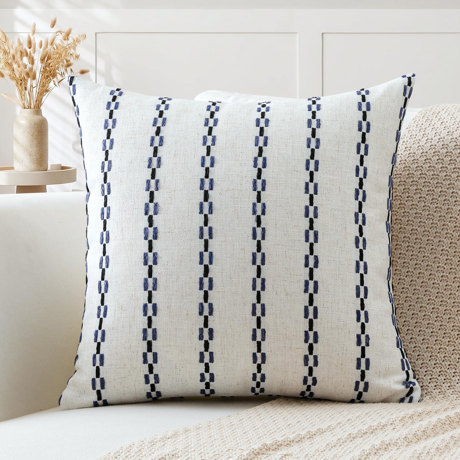 Artscope Pack of 1 Striped Geometric Cushion Cover 40x40cm Soft Square Pillowcase Decorative Farmhouse Accent Couch Throw Pillow Cover for Living Room Bedroom Blue + Black