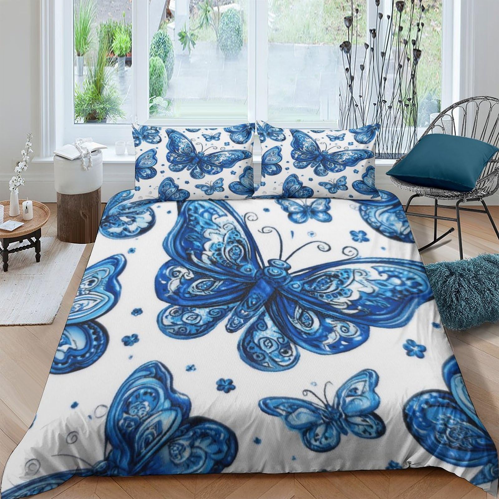 Ctjqhvkz Style-1 3D Printed Blue Butterfly Fitted Sheet Microfiber Soft Mattress Cover Bedroom Decor Anti-Slip Dustproof Easy Care For Adults Teens Single（135X200cm）