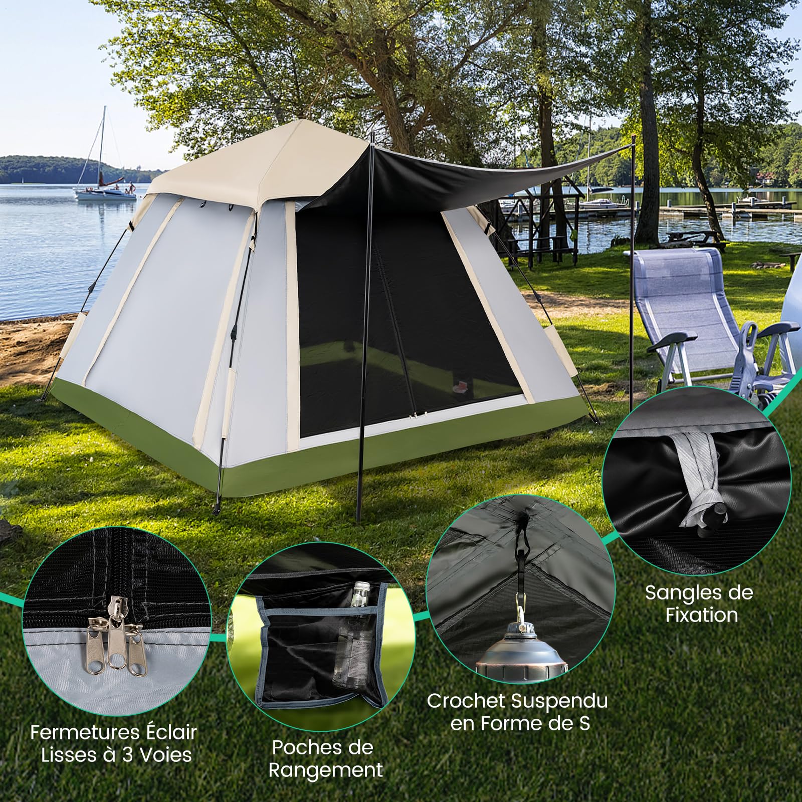 COSTWAY Tente de Camping Instantanée 2-4 Personnes, Tente Pop-up avec Auvent Amovible 2 Fenêtres en Maille 2 Portes Zippées Sac de Transport, Imperméable et Portable pour Camping Randonnée