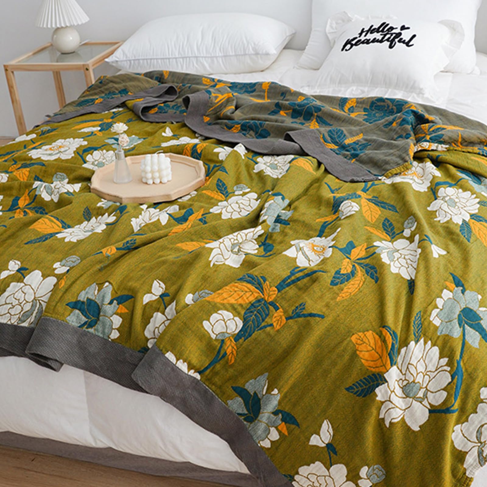 Boho Throw Blanket for Bed - 100% Pure Cotton Ultra Soft Rustic Quilt - Farmhouse Decor Bed Blankets, All Season Rustic Throw for Sofa Couch Chair(60"×80", Flower Branch)