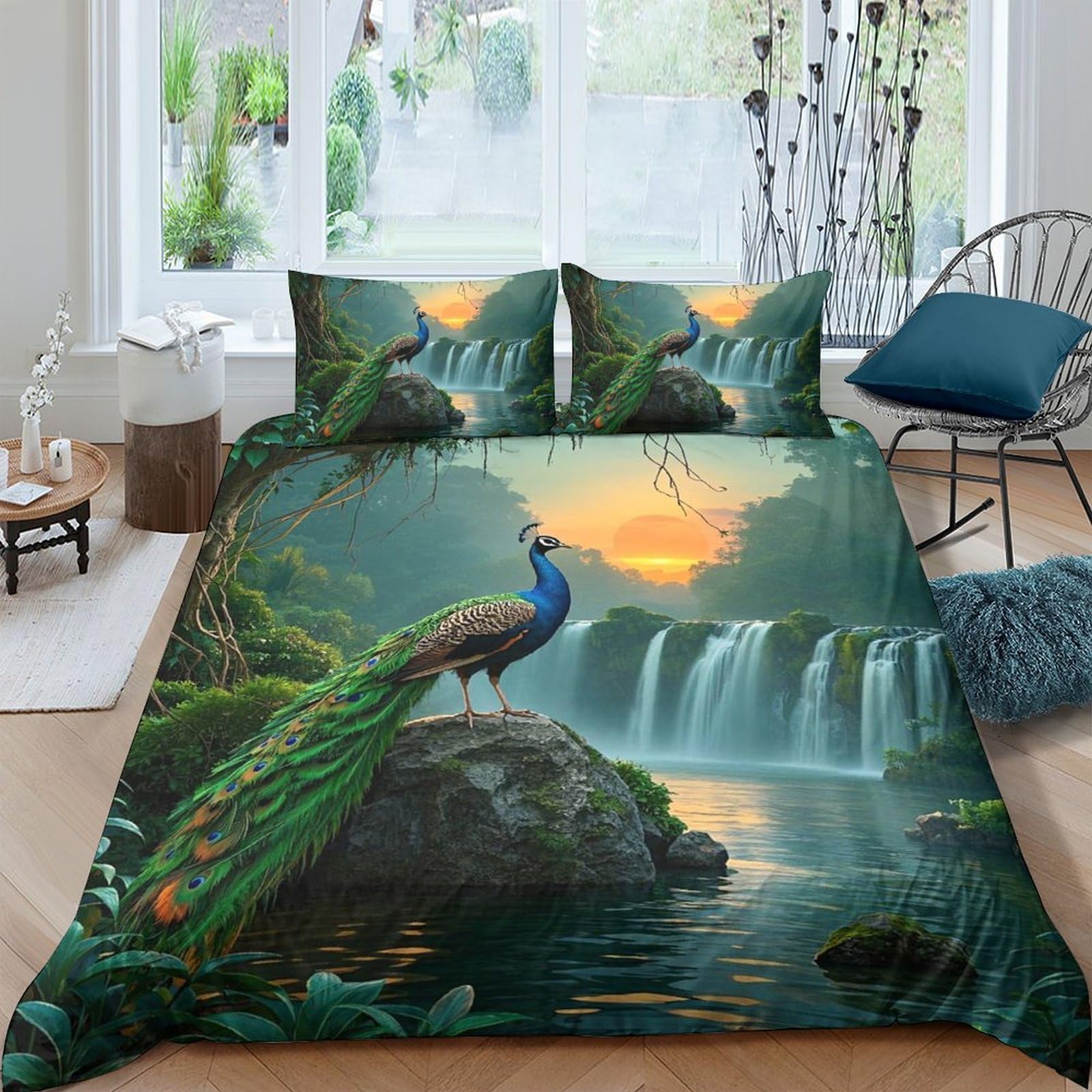 Ctjqhvkz Style-10 3D Printed Peacock Waterfall Fitted Sheet Microfiber Anti-Slip Mattress Cover Forest Decor Bedroom Dorm Single（135X200cm）