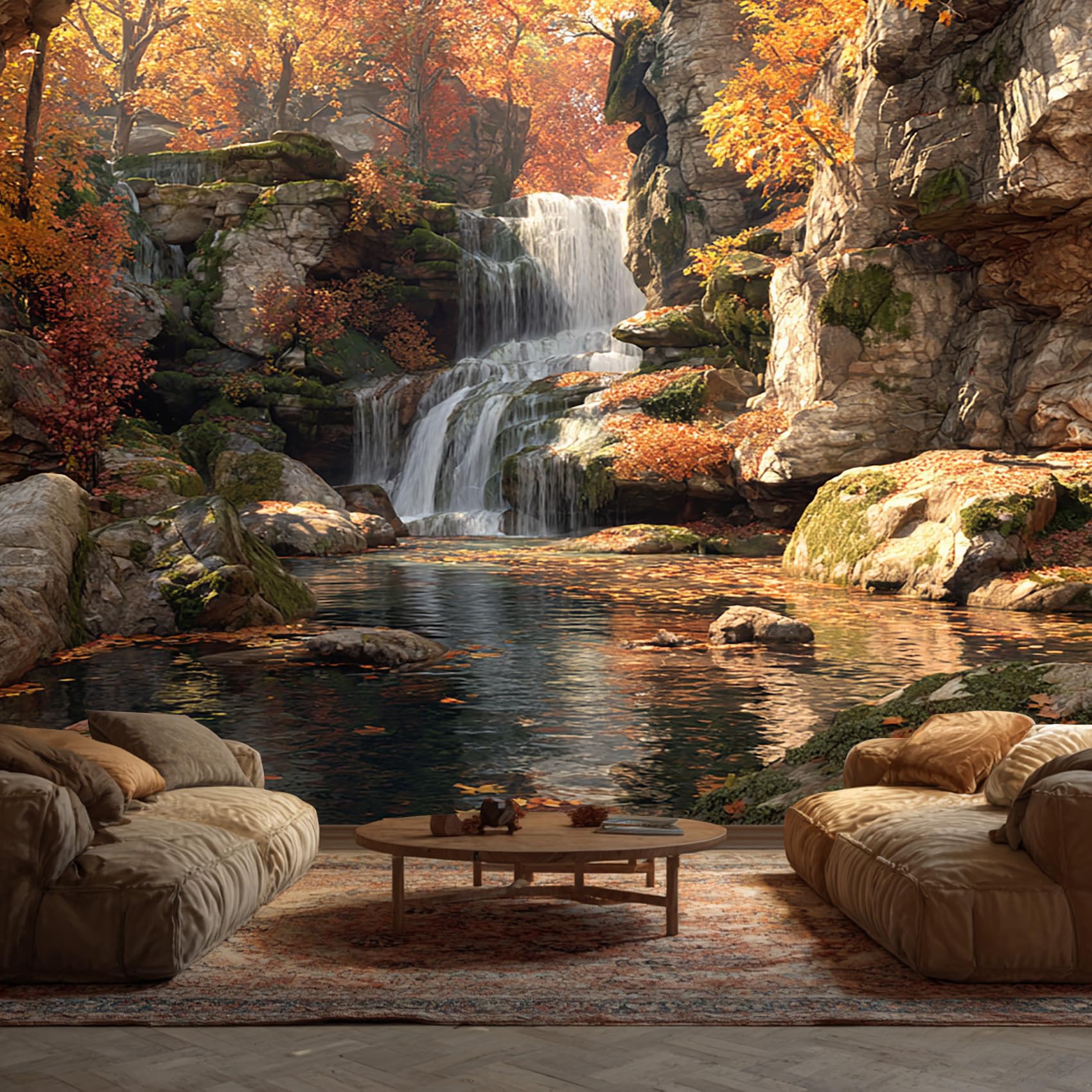Waterfall Wallpaper, Forest Automne Landscape Mural Wallpaper, Waterfall Room Decor Wall Art for Living Room Bedroom Kitchen 450L x 315W cm