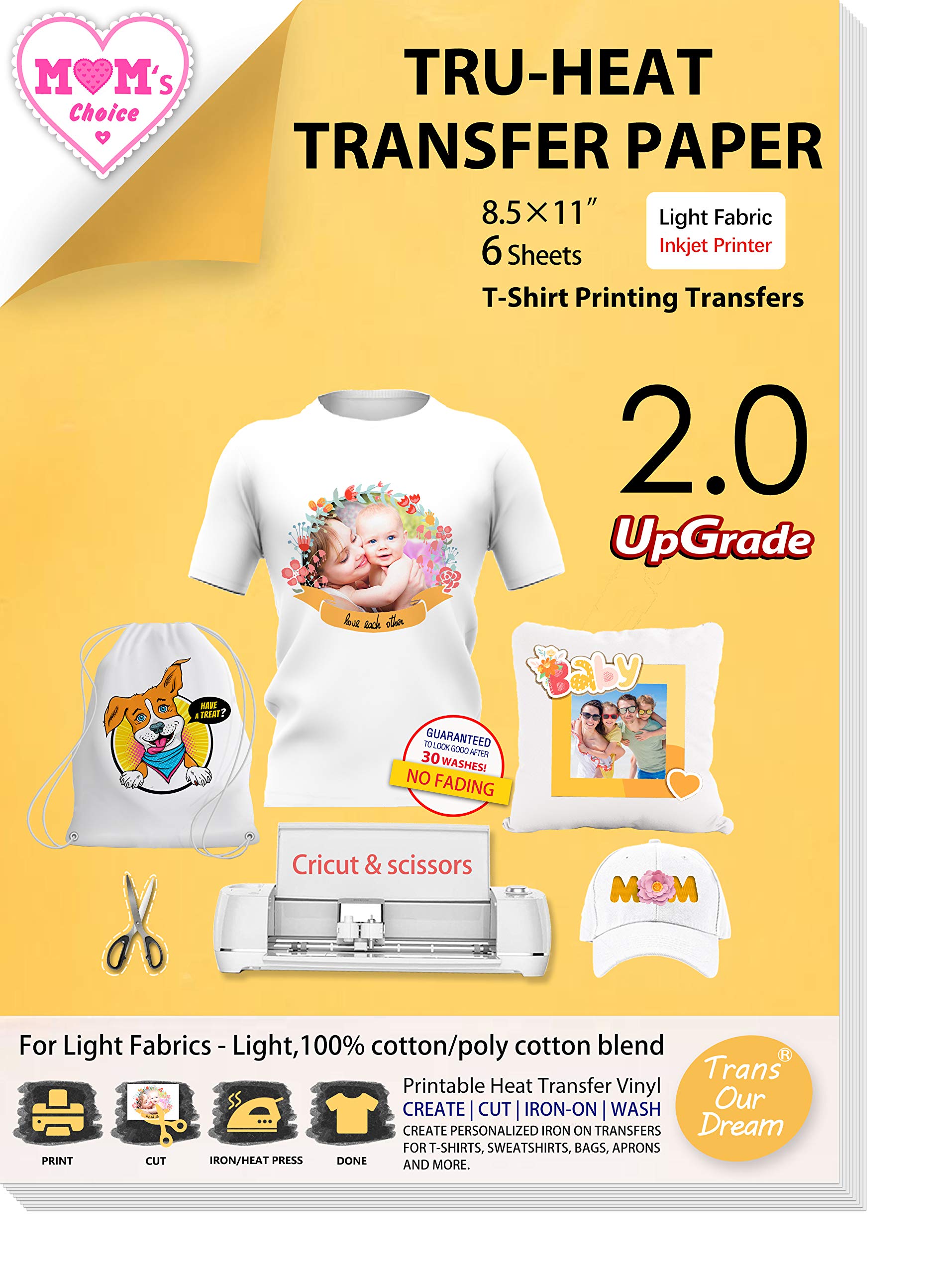 Amazon.com: TransOurDream Tru-Iron on Heat Transfer Paper for T Shirts (2nd  Generation, 6 Sheets, 8.5x11'') Iron-on Transfers Paper for Light Fabric Printable  Heat Transfer Vinyl for Inkjet Printer (TOD-4-6)