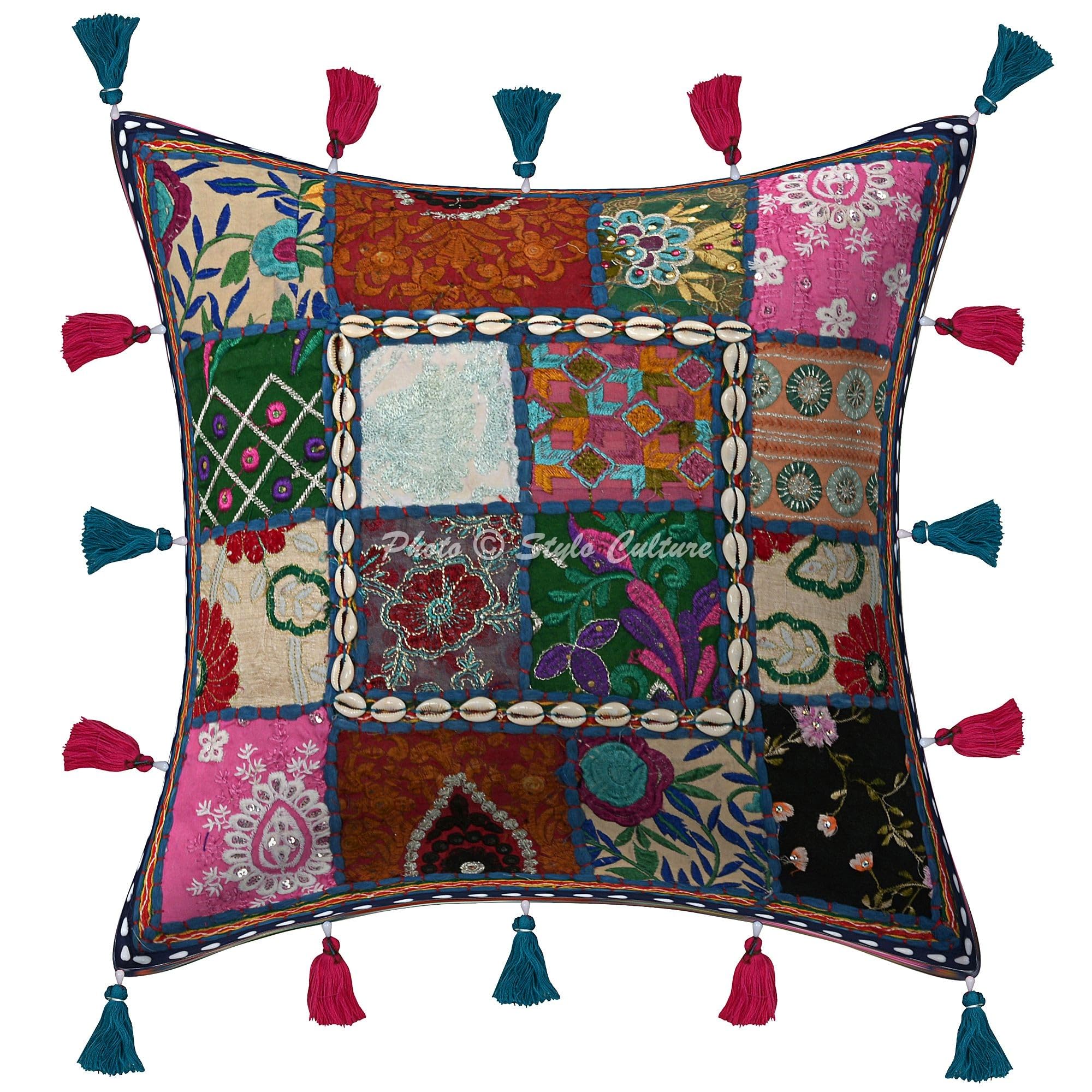 Ethnisch Dekorativ Baumwolle Couch Kissenbezüge 40x40 cm Dunkelblau Dekokissen Gesticktes Patchwork Schlafzimmer Sofa Kissen Bezüge Blumen Quadrat Kissenhullen - 4 STK.