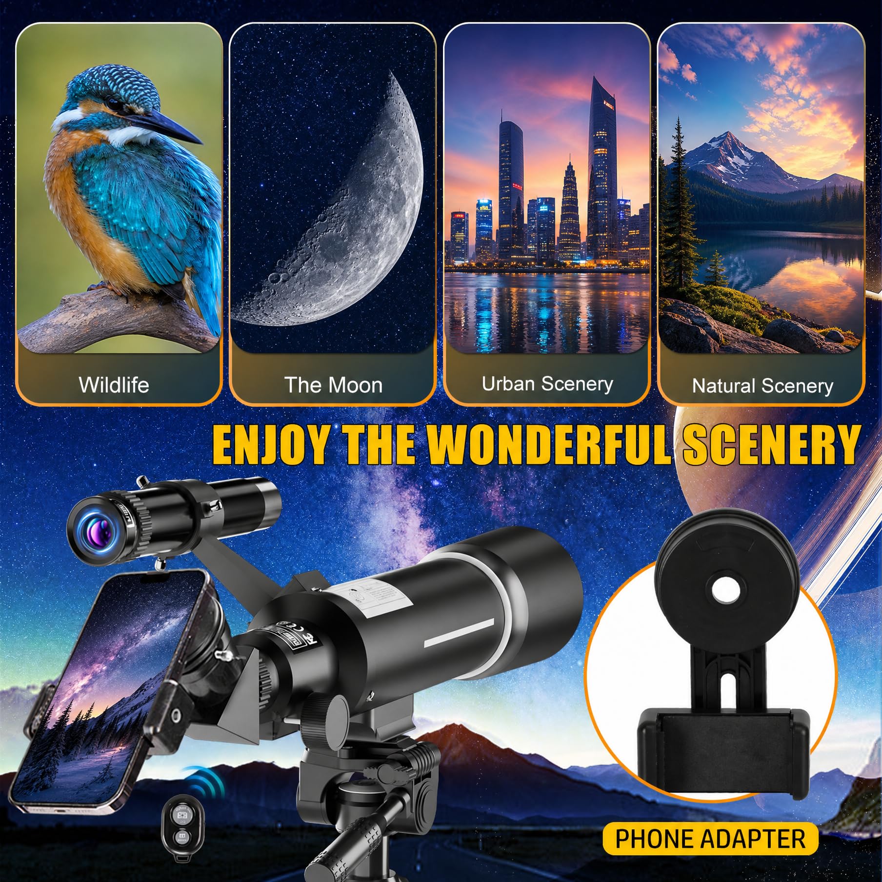 Telescopio Astronomico Professionale per Adulti e Bambini, 70/500mm | Telescopio Rifrattore Portatile per Principianti con Treppiede Regolabile, Filtro Lunare, Adattatore Telefonico e Borsa