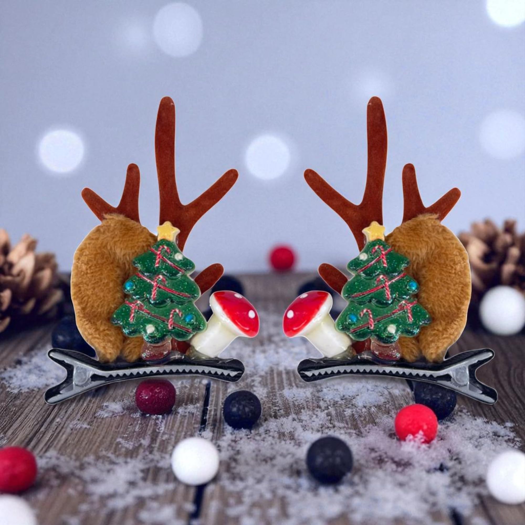 OMID, Christmas Reindeer Antler Hair Clips with Tree and Mushroom Decoration (Pair) 2