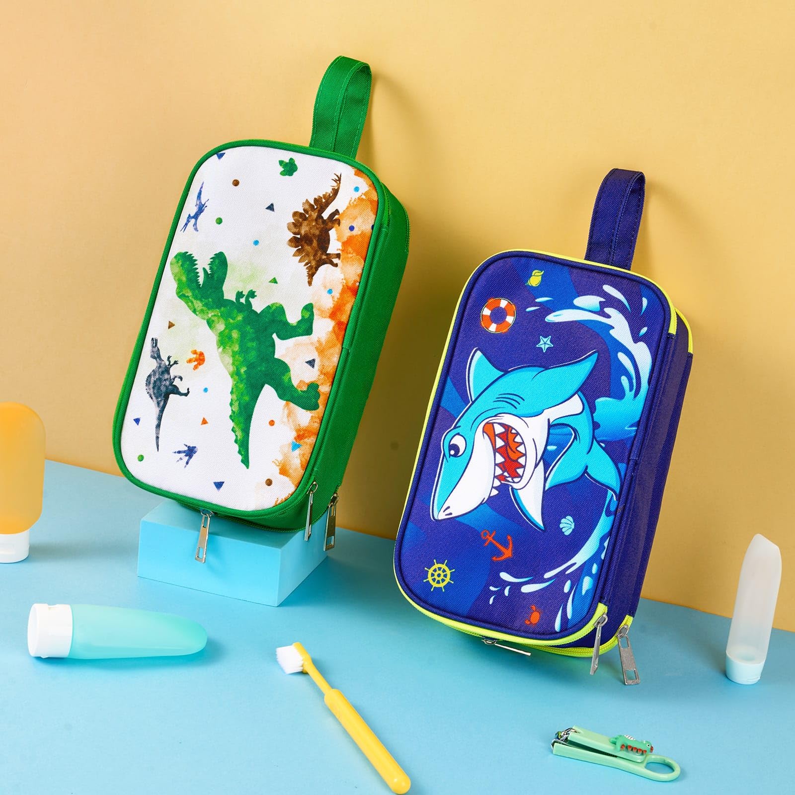WAWSAM Trousse de Toilette Enfant - Dinosaure Sac de Toilettes Trousses de Toilette Bebe pour Voyage Déplacement Camping Résistant à l'eau Portable Trousse Toilette Voyage pour Cadeau
