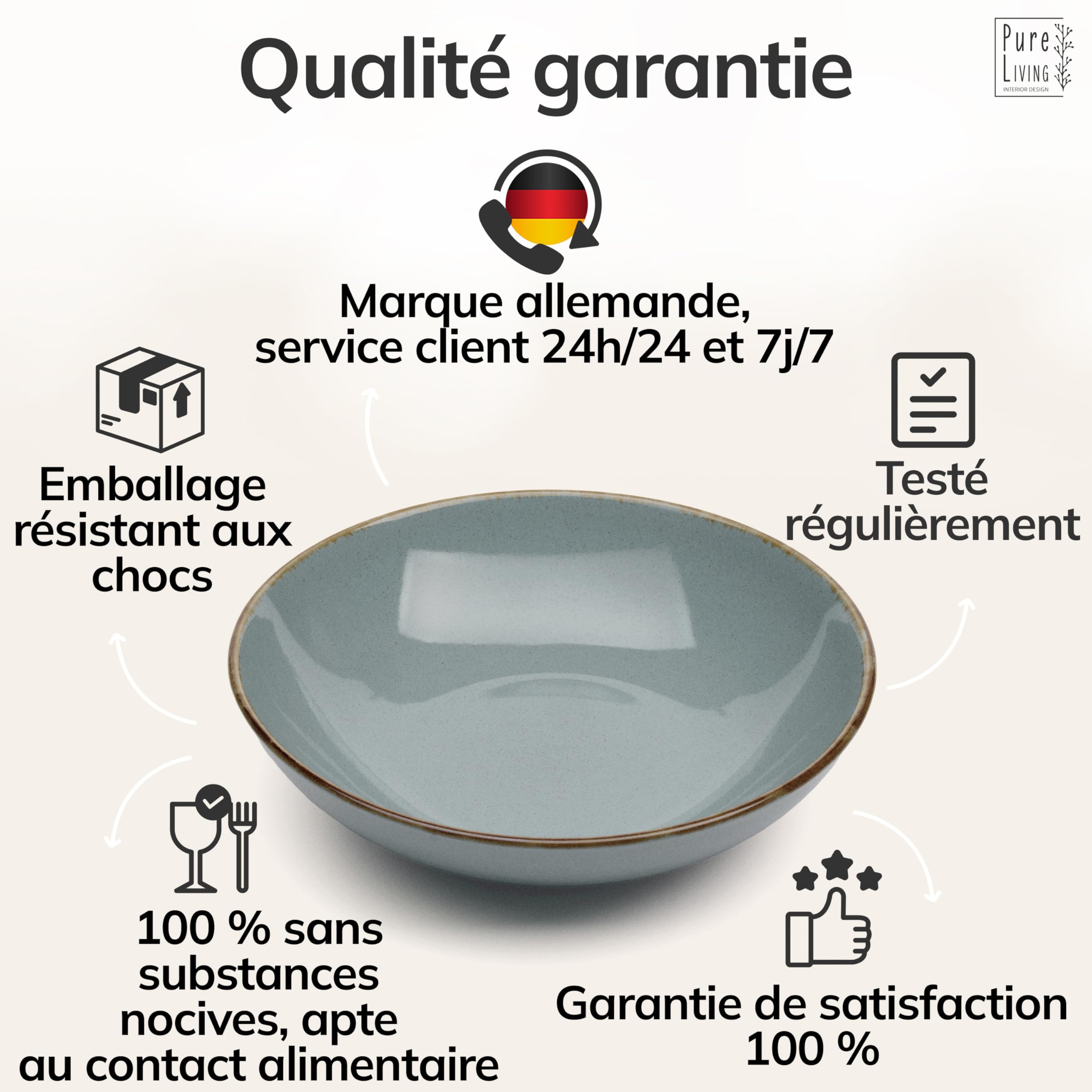 Assiettes creuses en grès Rustic - Lot de 6 - Vaisselle style maison de campagne Pure Living pour soupes, pâtes et salades - Passe au lave-vaisselle - Bleu fumé