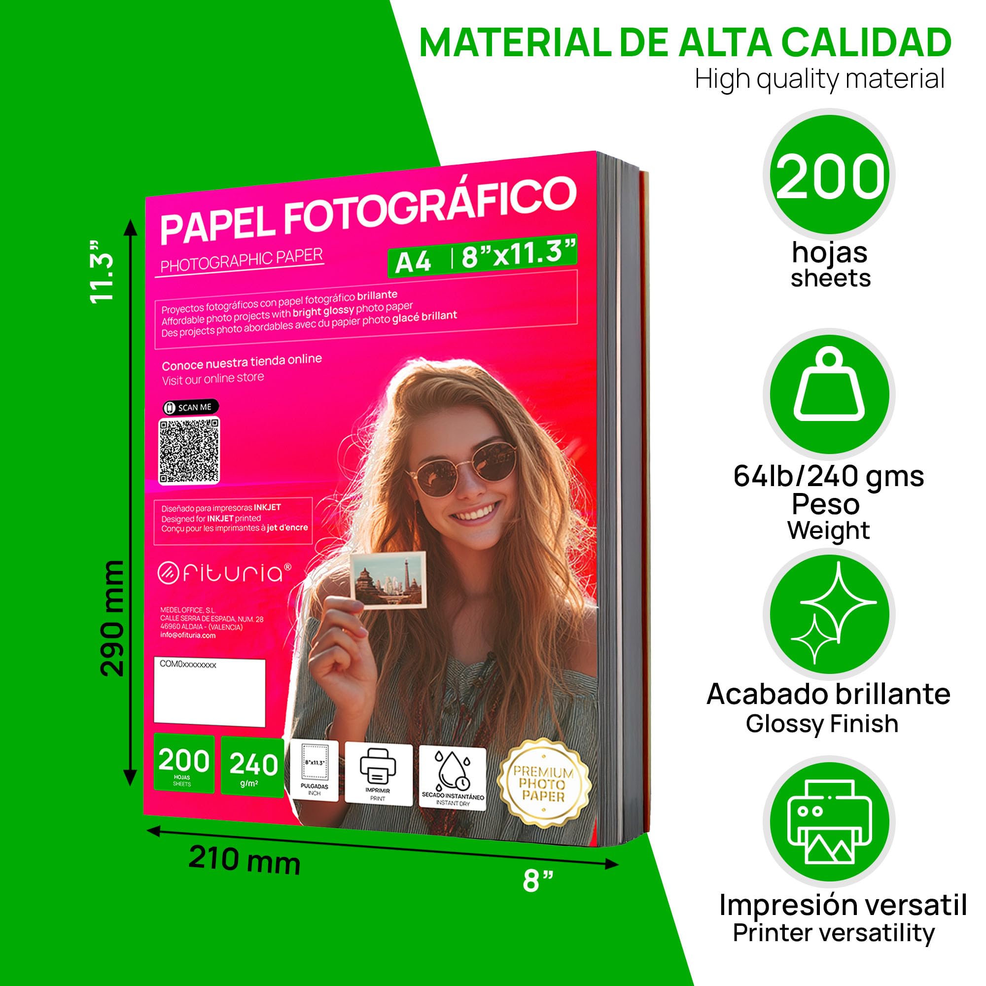 OFITURIA Fotopapier A4 Glänzend – Hohe Auflösung, Soforttrocknend, 240 g/m², Kompatibel mit Tintenstrahldruckern – 200 Blatt