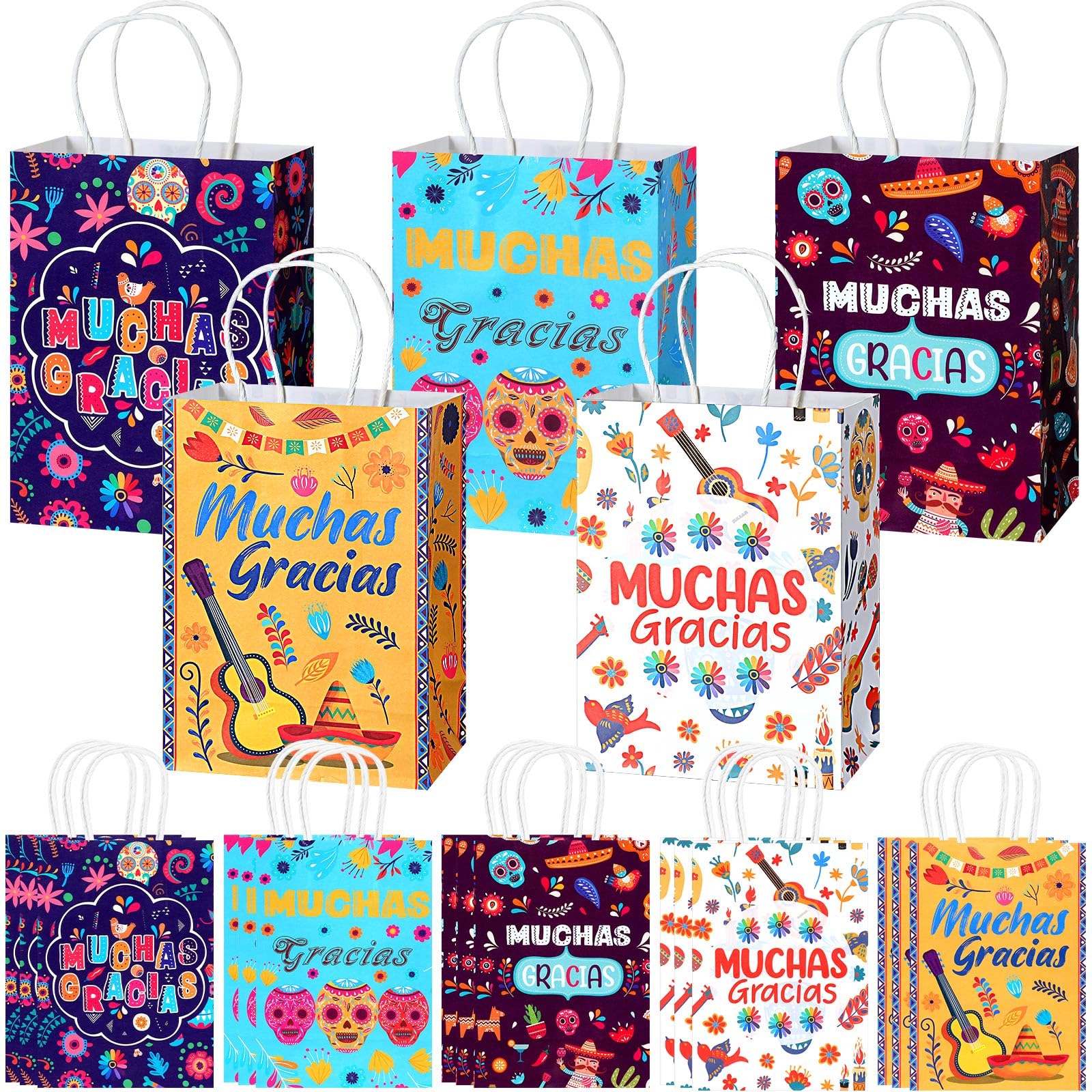 ReliThick 30 Pcs Mexican Muchas Gracias Gift Bags Kraft Paper Party Bags Fiesta Goodie Bags Cinco De Mayo Taco Party Candy Bags Mexican Party Favors Treat Bags for Mexico Birthday Party Supplies