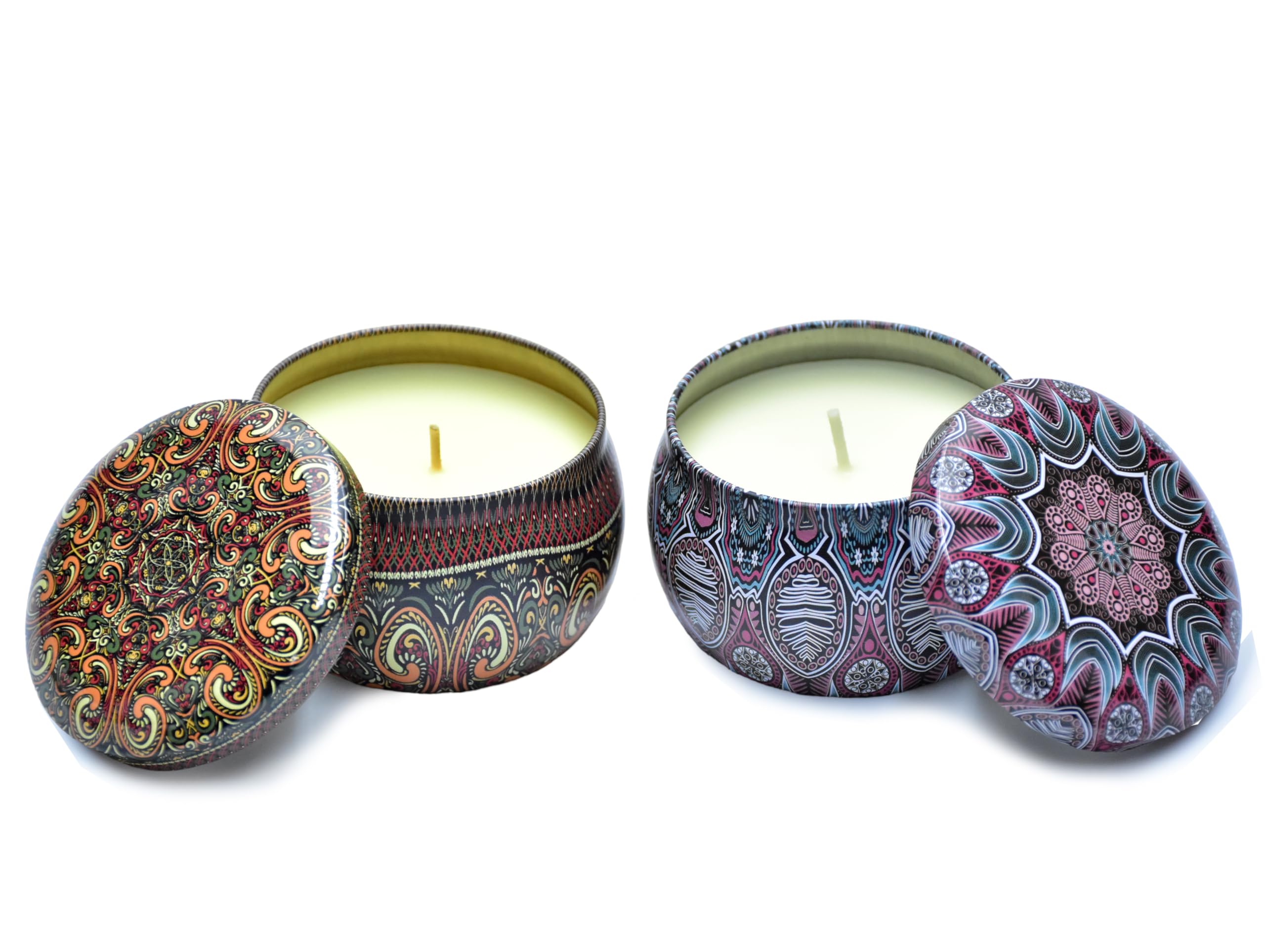 Scented Candle with 120gm/4.2oz Natural Soy Wax Eco-Friendly Printed Tin Scented Candles Gift Set for Home Decor, Scented Candles - Set of 2 (Vanilla and Rose)