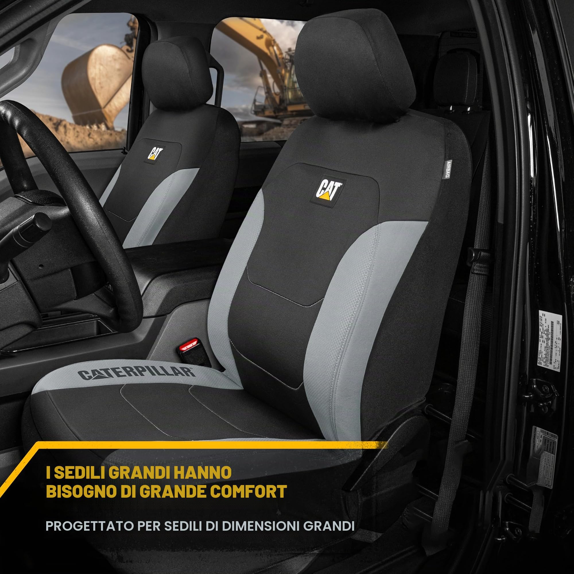 CA&T CAT erpillar Flexfit Coprisedili per auto, camion e SUV (set da 2) – Coprisedili neri per sedili anteriori, protezione per sedili con bordo grigio a nido d'ape, coperture interne auto