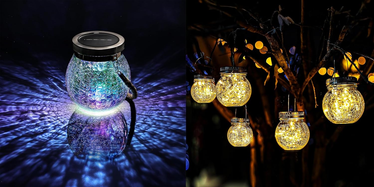 Cooo 6 Pack Crackle Glass Solar Lantern and 2 Pack Heavy Iridescent Crackle Glass Solar Lantern