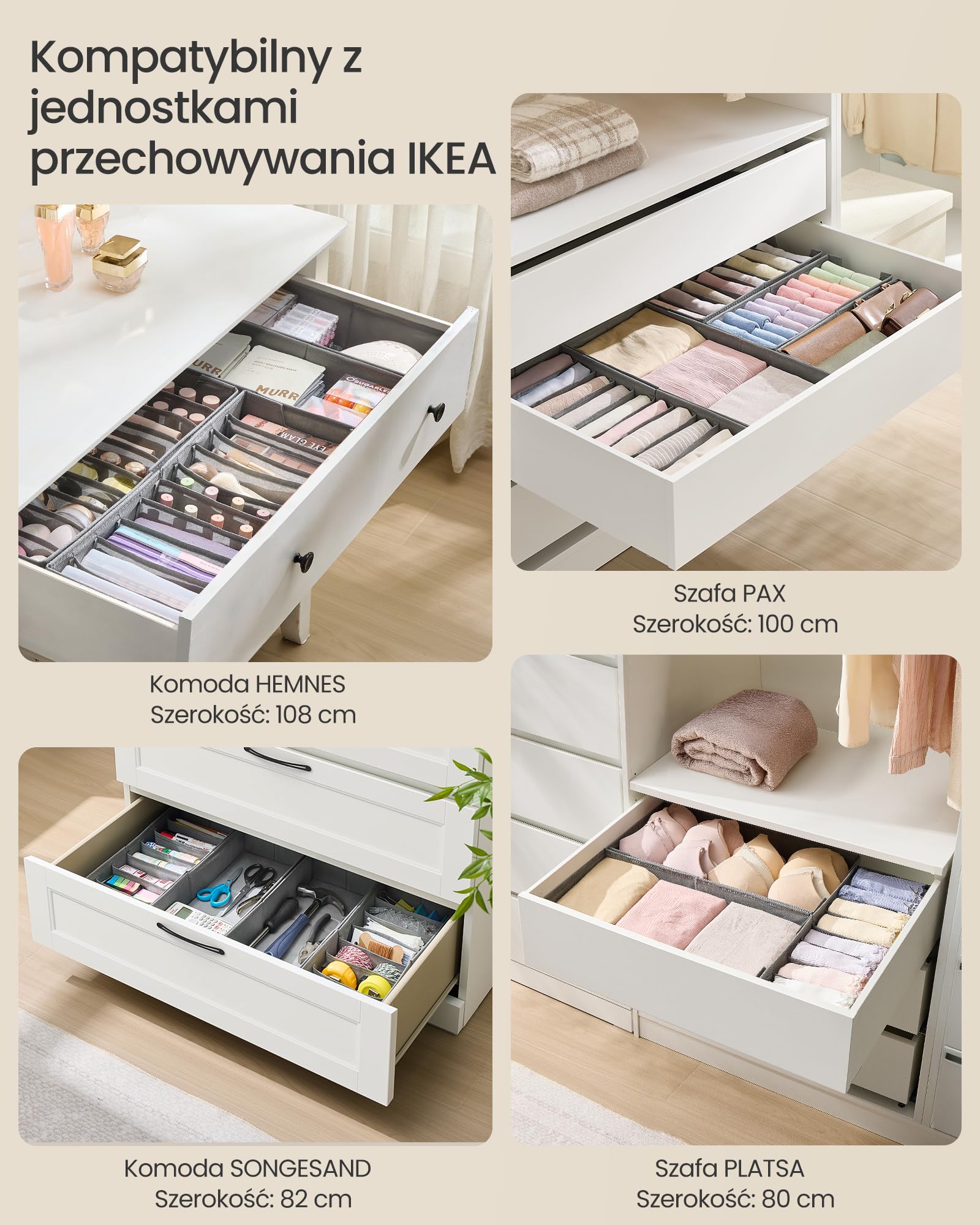 SONGMICS Zestaw 4 organizerów na bieliznę, organizer do szuflady do komód IKEA HEMNES i MALM, z przegródkami, składany organizer do szafy, 40 x 16 x 10 cm na skarpetki, gołębi szary RUS014G01