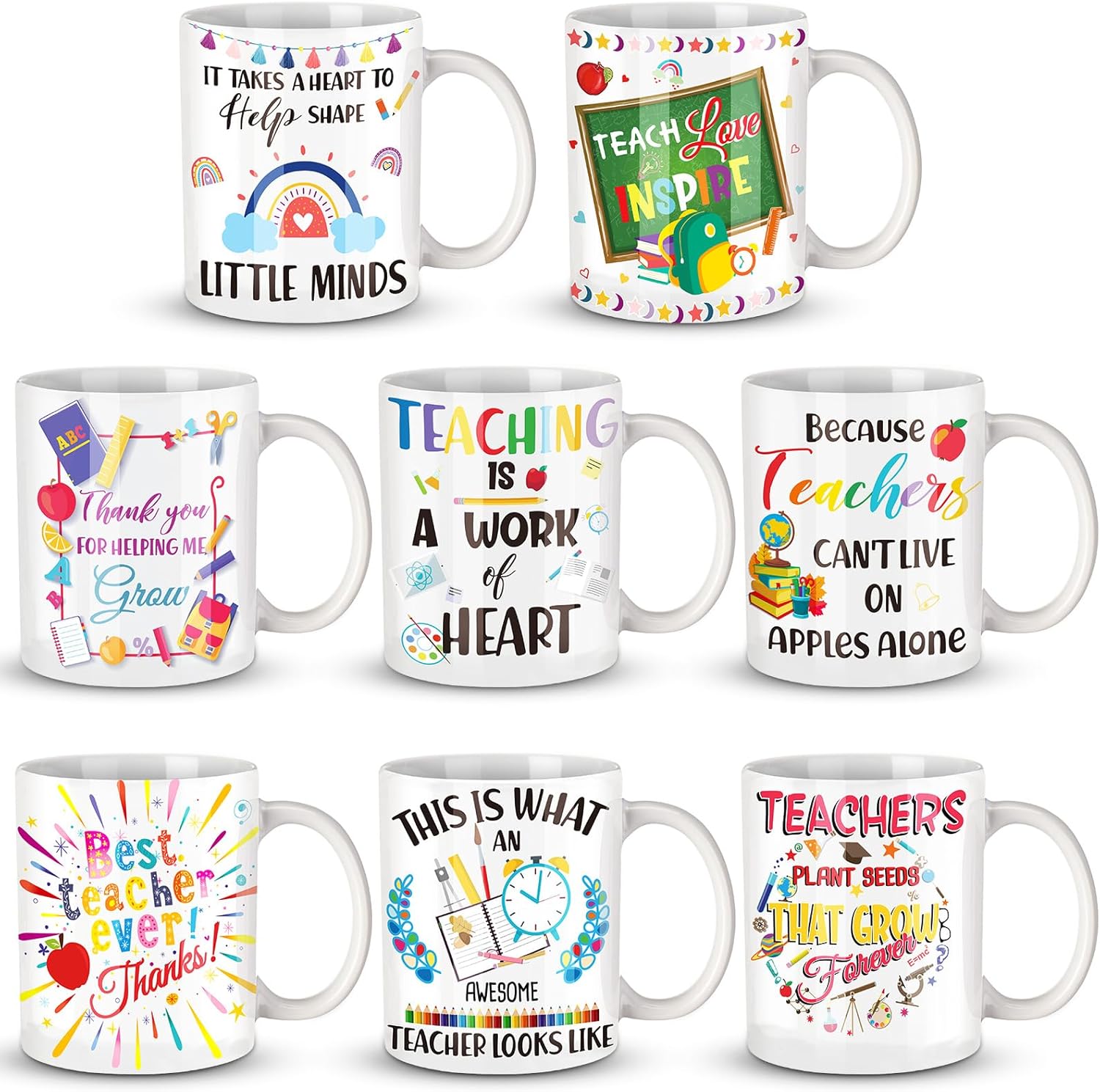 Irenare 8 Pieces Teacher Appreciation Gift 10.5 oz Teacher Coffee Mug Bulk Employee Thank You Gifts Ceramic Teacher Cup with Handle Motivational Enamel Mug Bulk for Graduation Teachers' Day