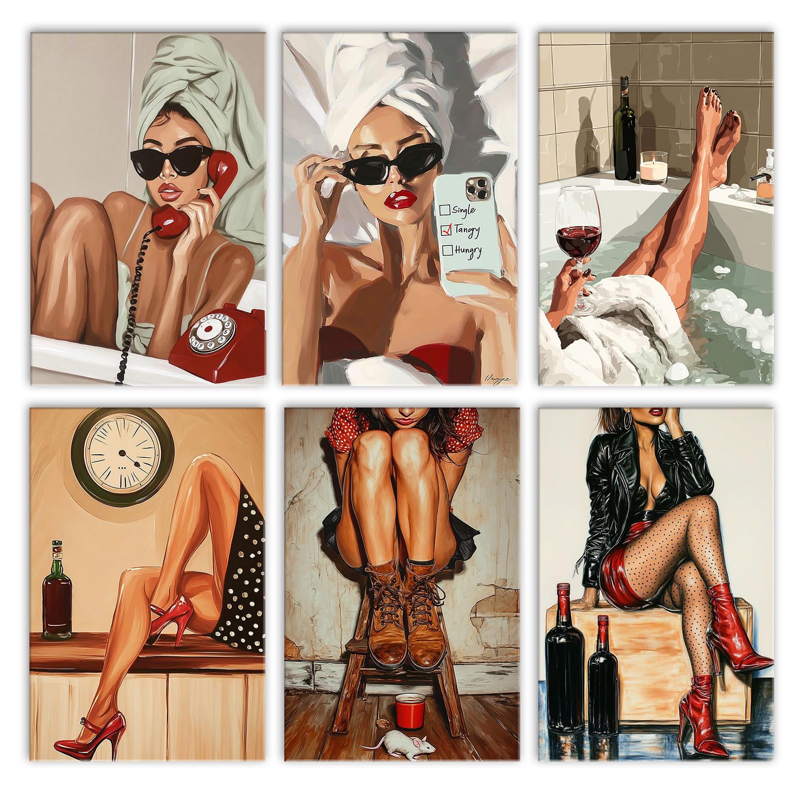 Walarky Bathroom Girl Drawing Paint by Number Adults Set of 6 Whisky Digital Oil Painting Frameless
