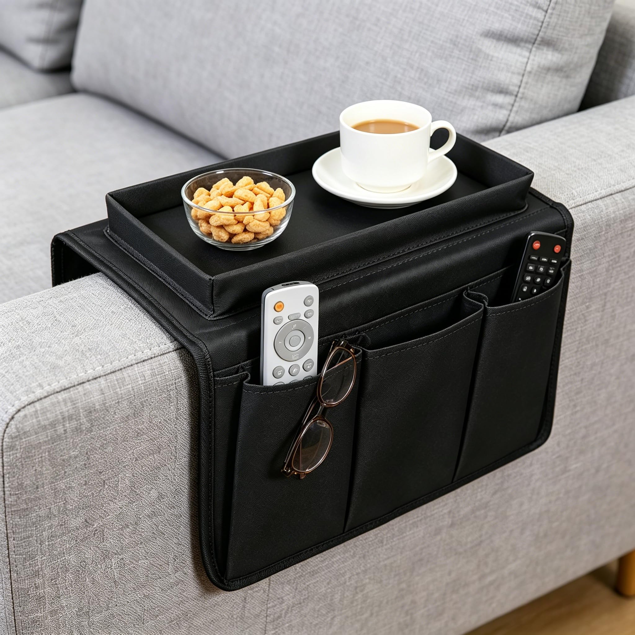 Eulihent Sofa Arm Tray Armchair Tray Organiser Waterproof Non-Slip Sofa Arm Table with 4 Bags for Drinks,Phone,TV Remote Control, Magazine, Book,Snacks, Glasses