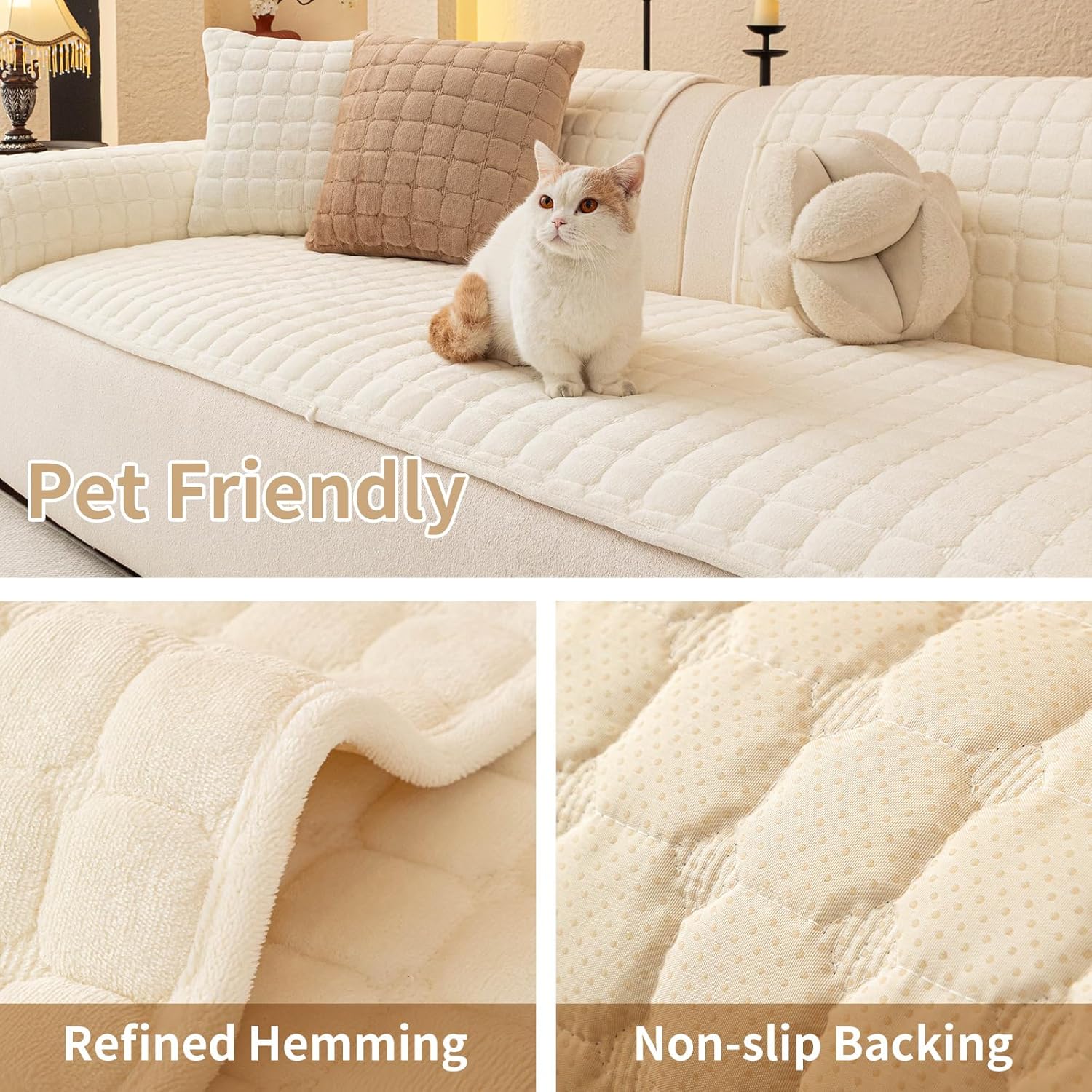 Velvet Couch Covers for Dogs, Dog Sectional Couch Covers, Pet Couchs Cover for Large Sectional, Couchs Protector for Dogs, Sectional Sofa Cover for Pet Washable(1PC,Beige White,27.6"×94.4")