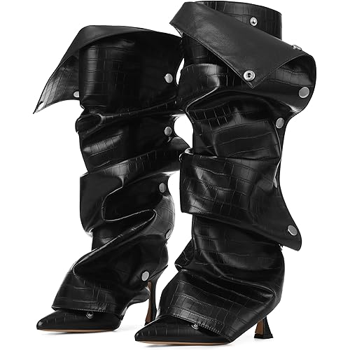 Women's Knee High Matte Faux Leather Pointed Toe High Heels Boots Ruched Stiletto Wide Calf Zipper Slouchy Dress Boots