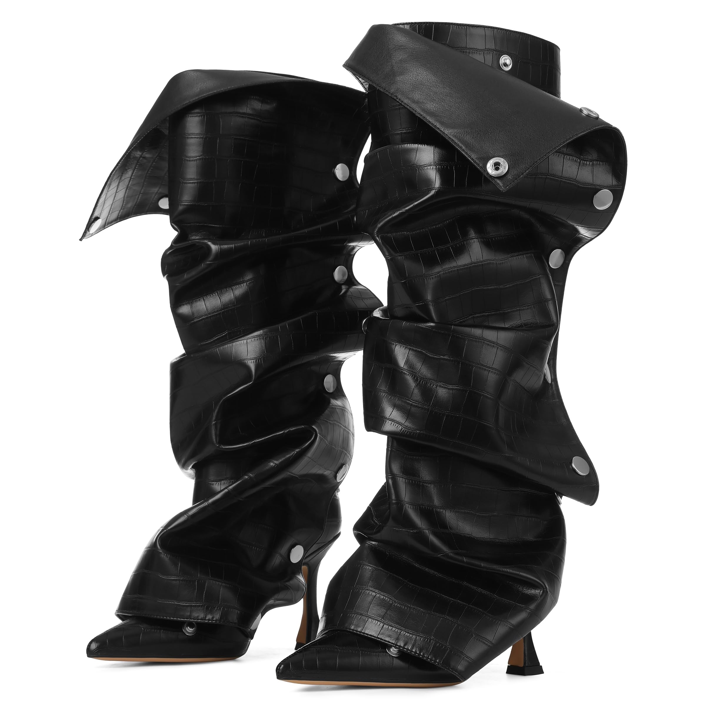 Womens Knee High Matte Faux Leather Pointed Toe High Heels Boots Ruched Stiletto Wide Calf Zipper Slouchy Dress