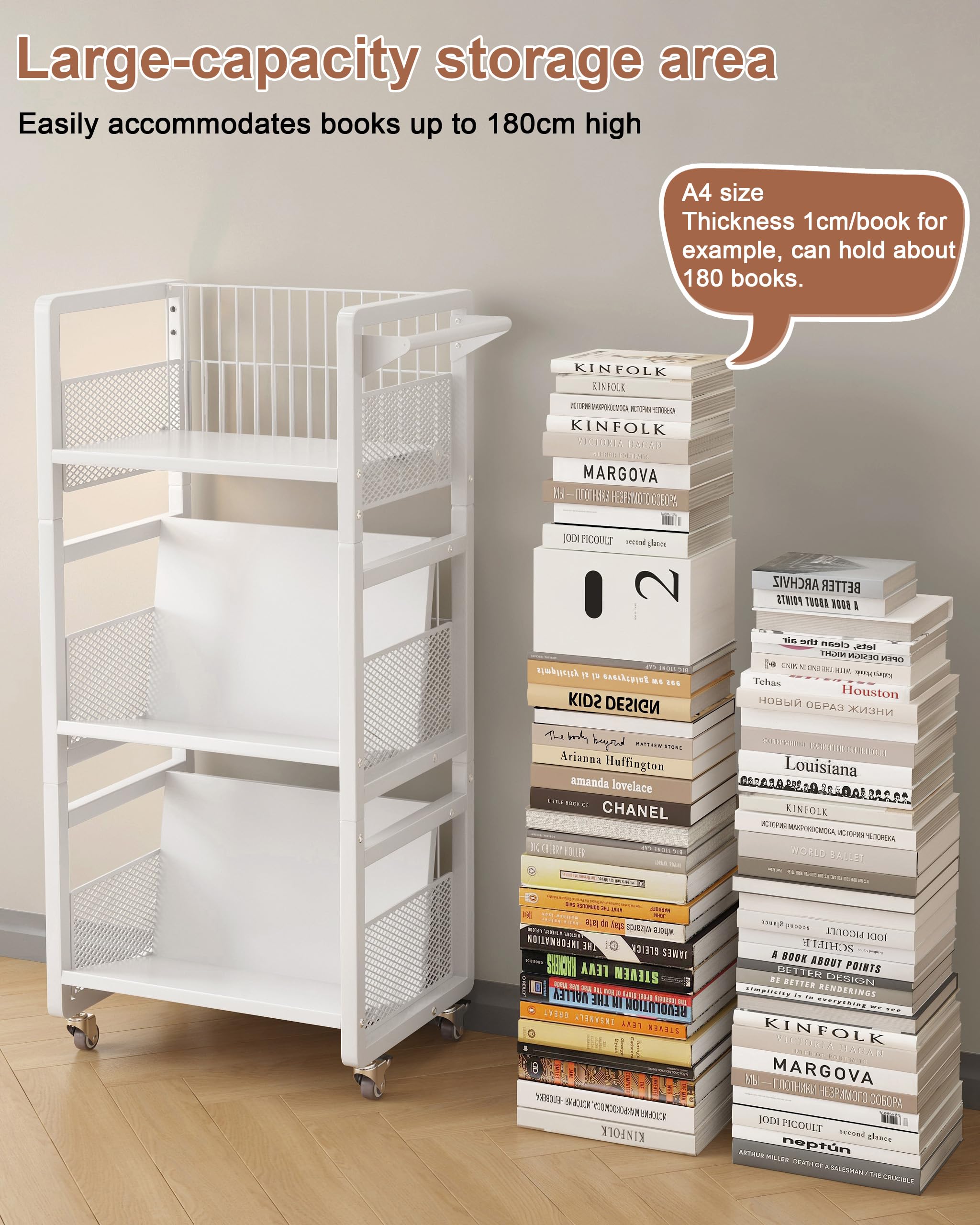 3 Niveles Librería con Ruedas, Estantería Metálica Móvil, Oorganizar y Transportar Libros Carrito Versátil, Adecuada para la Escuela,Estudio,Sala de Estar, Blanca