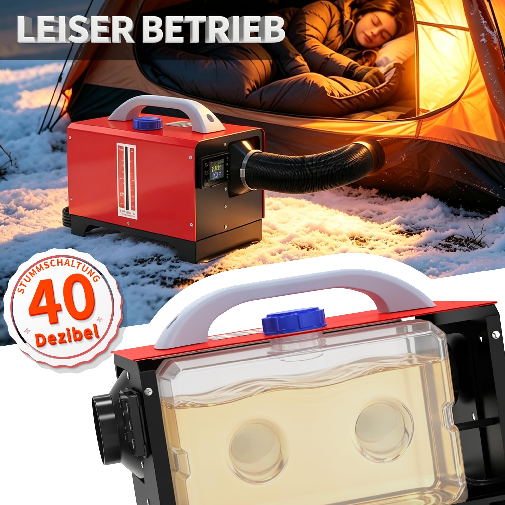 Dieselheizung 8kW liegend, Lüfterheizer 12V 5L, LCD schwarz, Schwarz/Rot