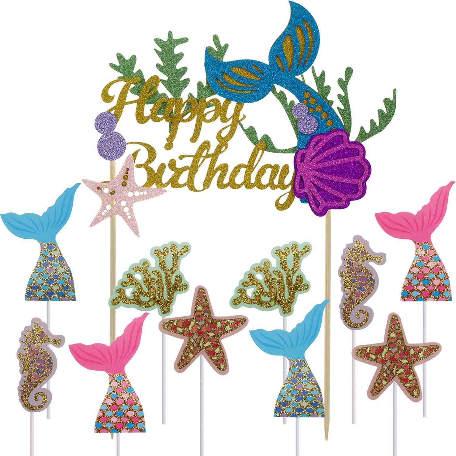 Amazon.com: Ocean Glitter Mermaid Happy Birthday Cake Topper Under The Sea  Mermaid Tail Cupcake Toppers For Baby Shower Party Decor Supplies by  Shxstore : Grocery & Gourmet Food